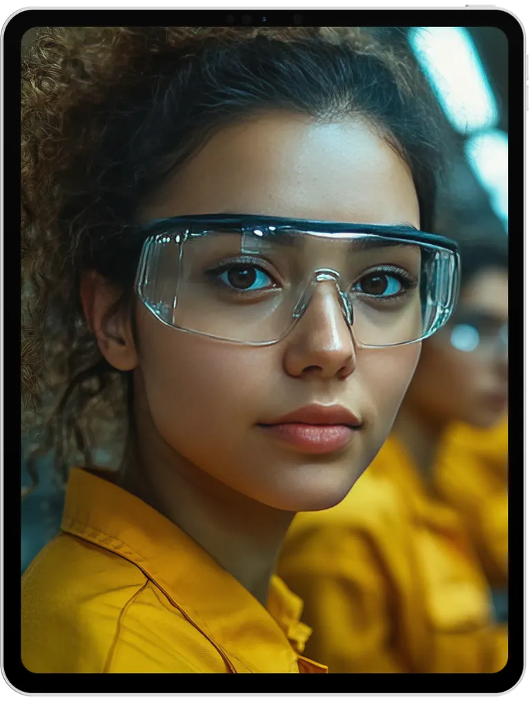 woman wearing coll safety glasses