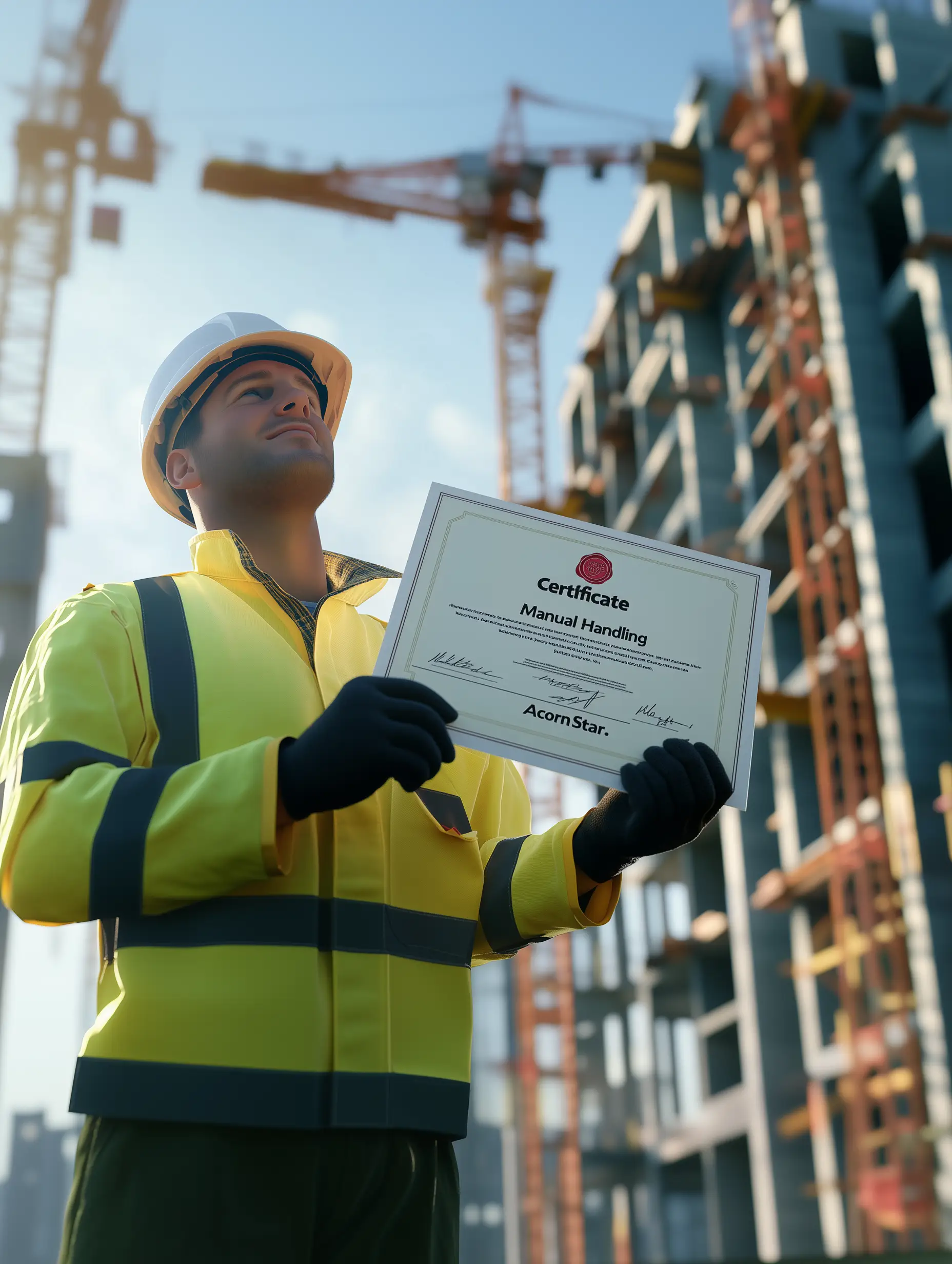 construction worker holding a manual handling certificate 