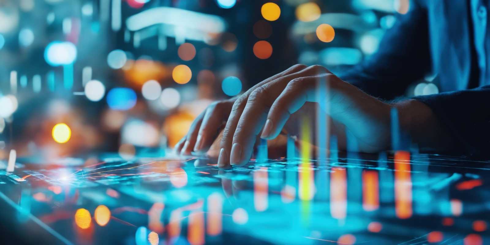 Hands typing on a futuristic digital interface with glowing data and workplace analytics.