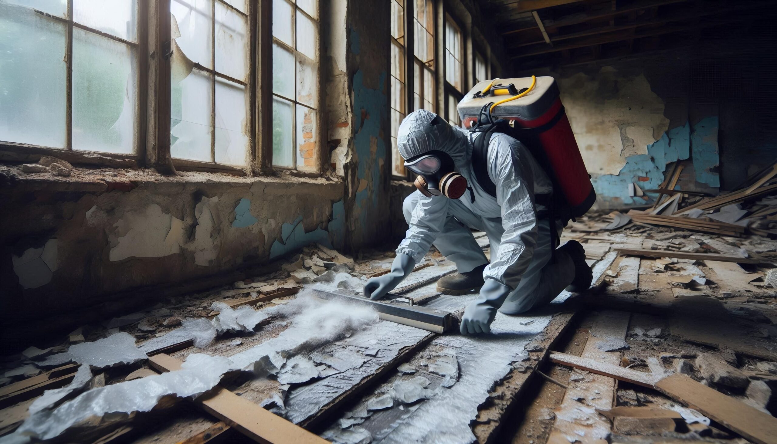 Safe Asbestos Removal Under Ireland’s Upcoming EU Directive Worker in protective suit and respirator conducting asbestos removal in an old building, illustrating compliance with EU Directive 2023/2668.