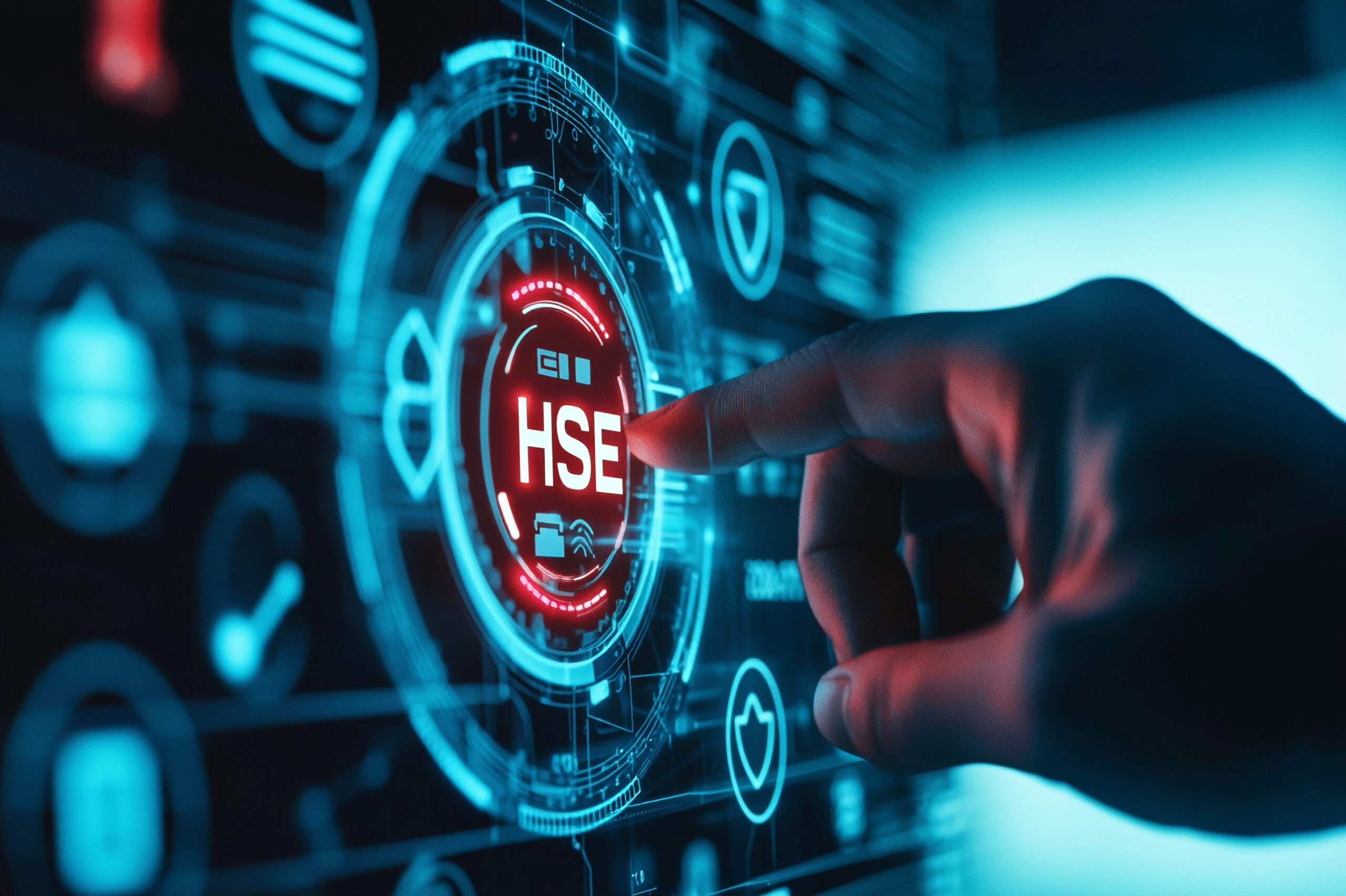 The 3 Biggest Topics in HSEQ Right Now Hand interacting with a digital HSE interface, symbolising innovation in health, safety, environment, and quality management