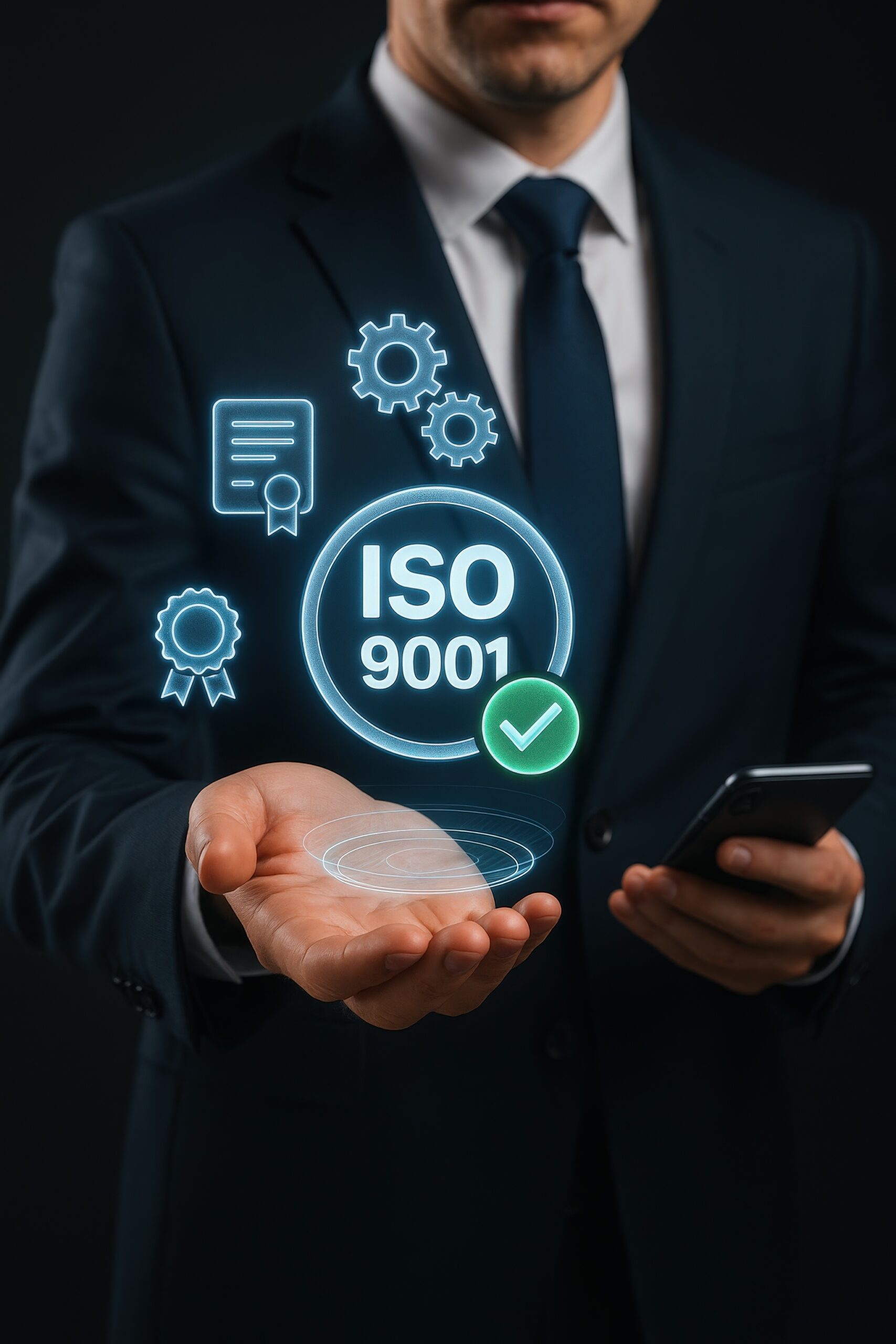 ISO Standards: Driving Global Quality and Compliance Hand pressing a digital ISO button on a virtual interface representing global quality and compliance standards.