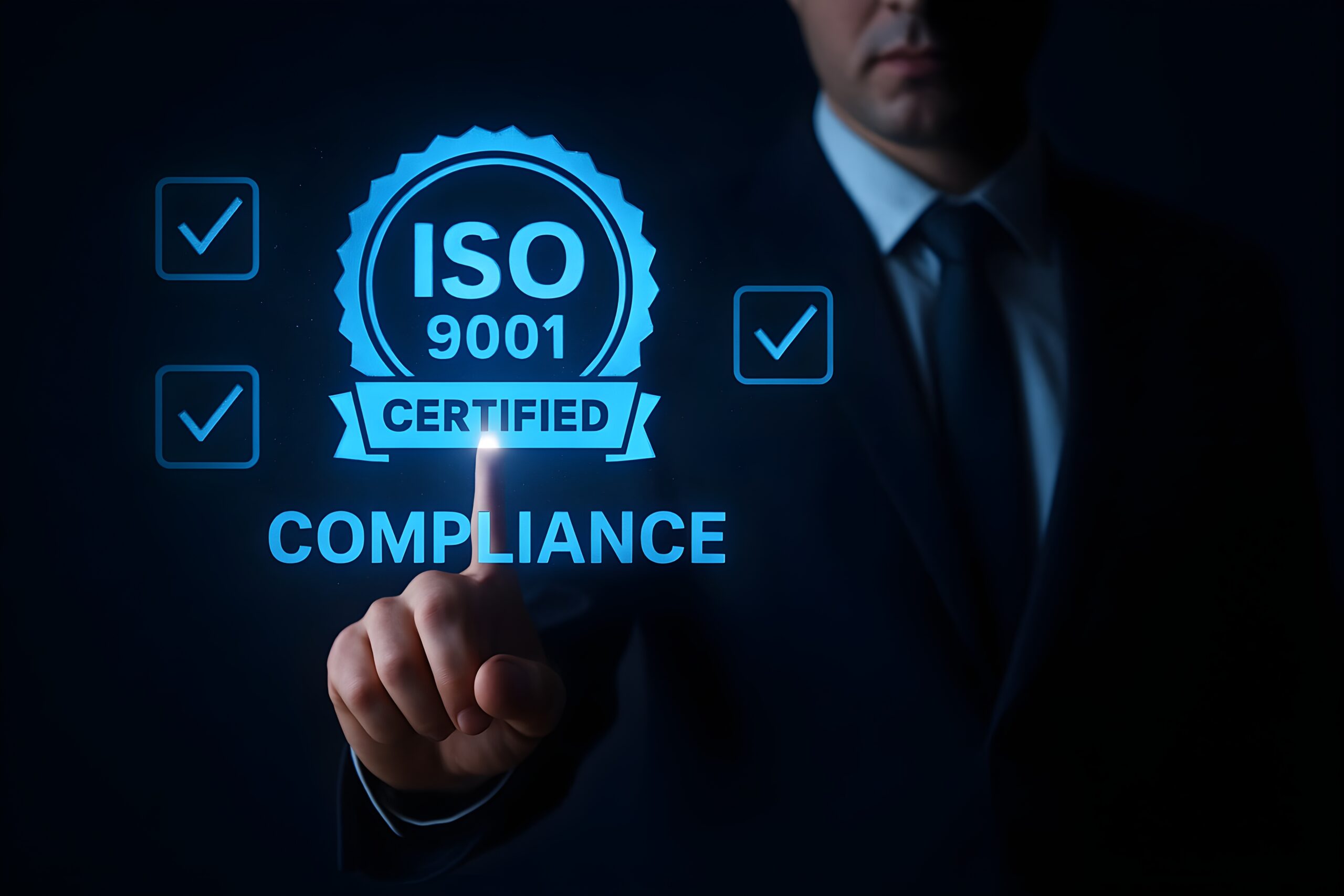 ISO 9001 Certification: Advancing Quality and Efficiency Businessman using a tablet showing ISO 9001 certification and quality management icons symbolising compliance and process improvement.