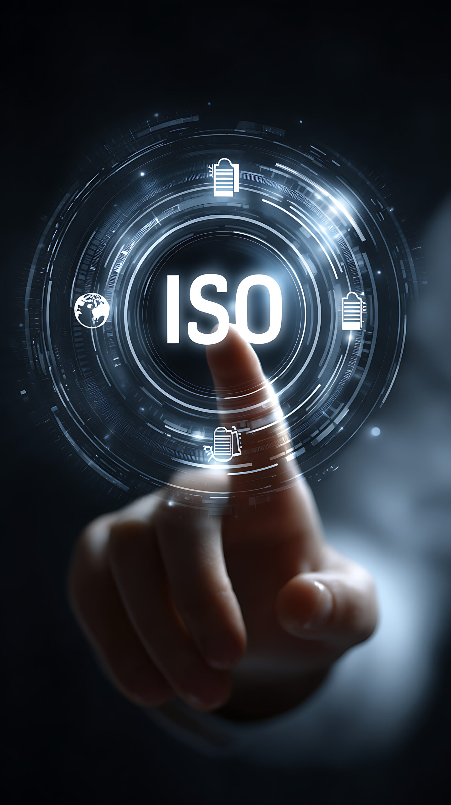 Empowering Businesses Through ISO Standards A person’s finger touching a virtual holographic button labeled “ISO,” symbolizing digital transformation, quality management, and global business standards.