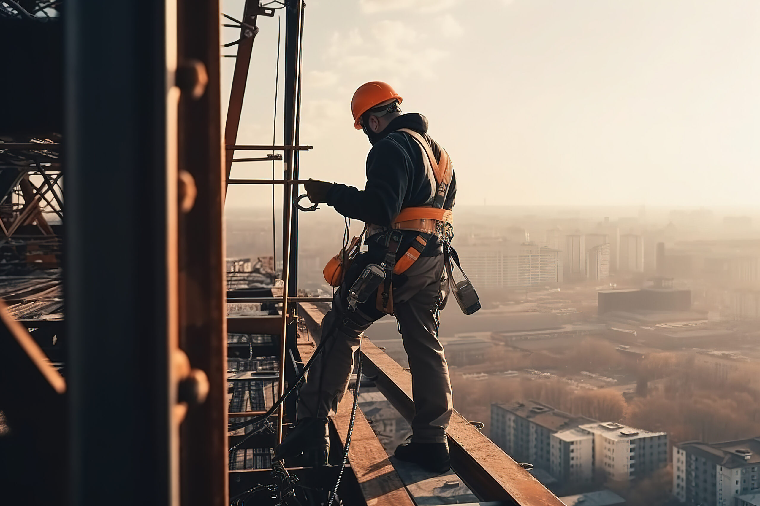 Construction worker wearing a safety harness and helmet standing on a steel beam high above a city, symbolizing focus, safety awareness, and mental resilience in high-risk jobs.