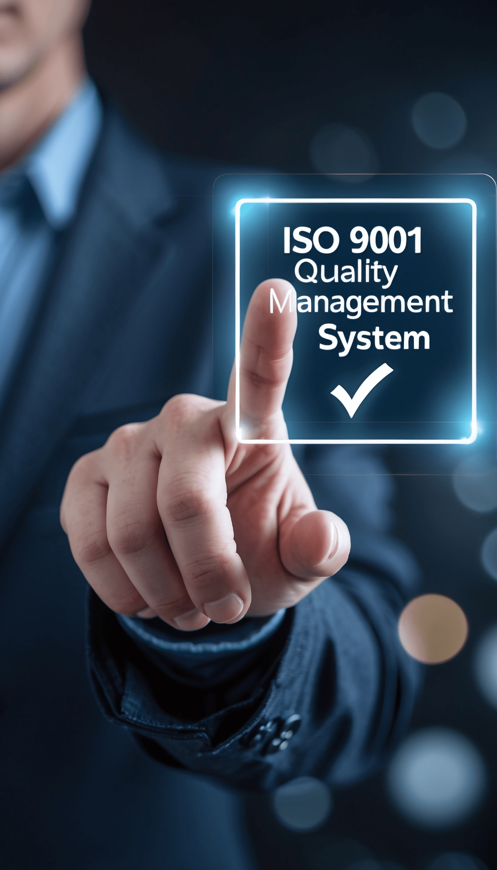 ISO 9001 and the Future of Quality Management Business professional pressing digital screen with ISO 9001 Quality Management System checkmark, symbolising modern quality standards.