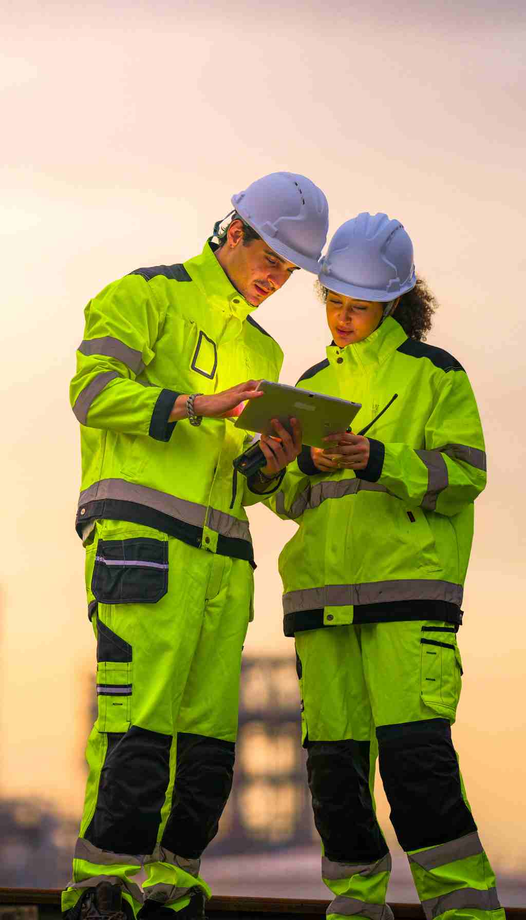 Two construction safety professionals in high-visibility jackets and helmets reviewing inspection data on a digital tablet at a worksite during sunrise, symbolising proactive workplace safety compliance in Ireland.