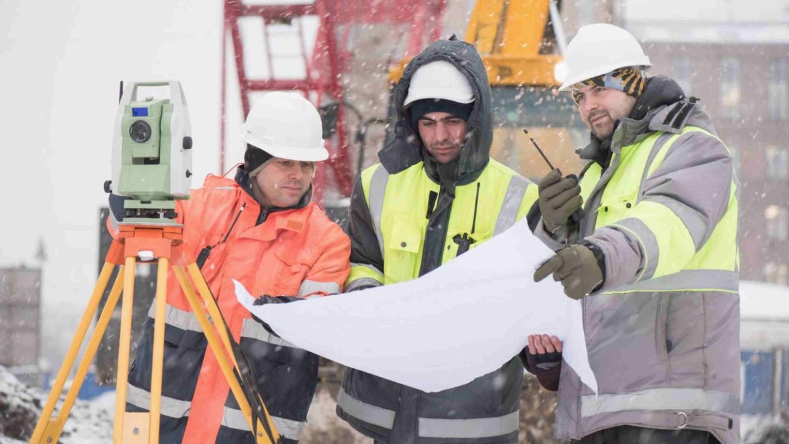Three construction workers wearing winter safety gear and hard hats reviewing site plans beside surveying equipment during snowy weather, highlighting cold-weather safety compliance on construction sites.