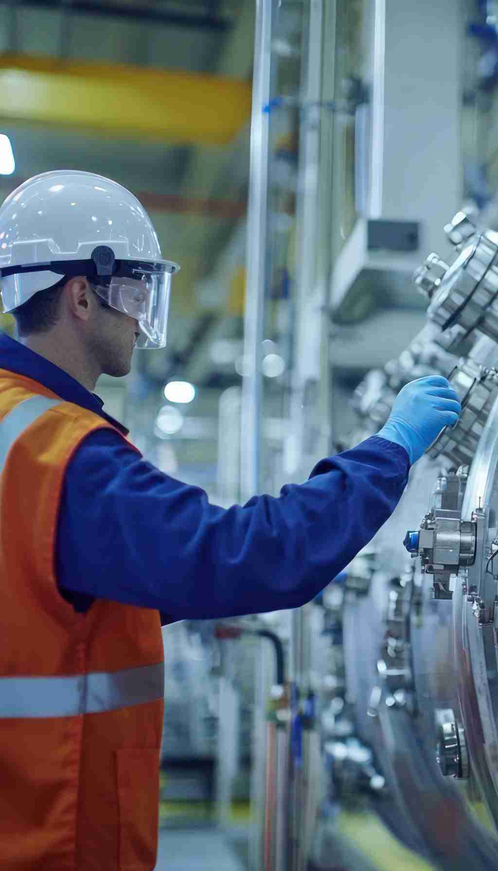 Factory worker in safety gear inspecting industrial equipment inside a modern manufacturing facility, symbolising workplace safety and compliance preparation for 2025 HSA inspections.