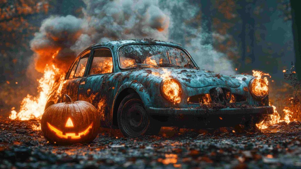Burning vintage car beside a glowing jack-o’-lantern in a dark forest, symbolising Halloween road dangers and accidents in Ireland.