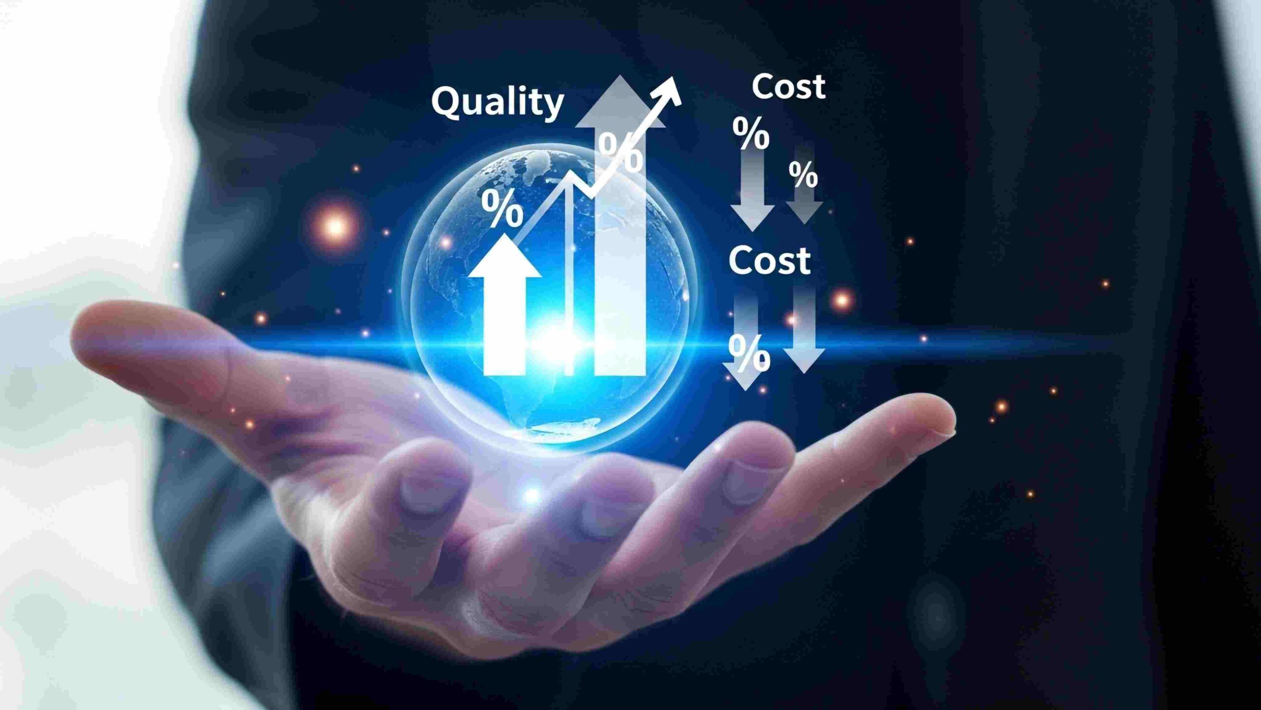 Quality Improvement and Cost Reduction: The New Business Equation for 2025 Business professional holding a digital hologram showing rising quality metrics and decreasing costs, symbolising modern quality management strategies in 2025