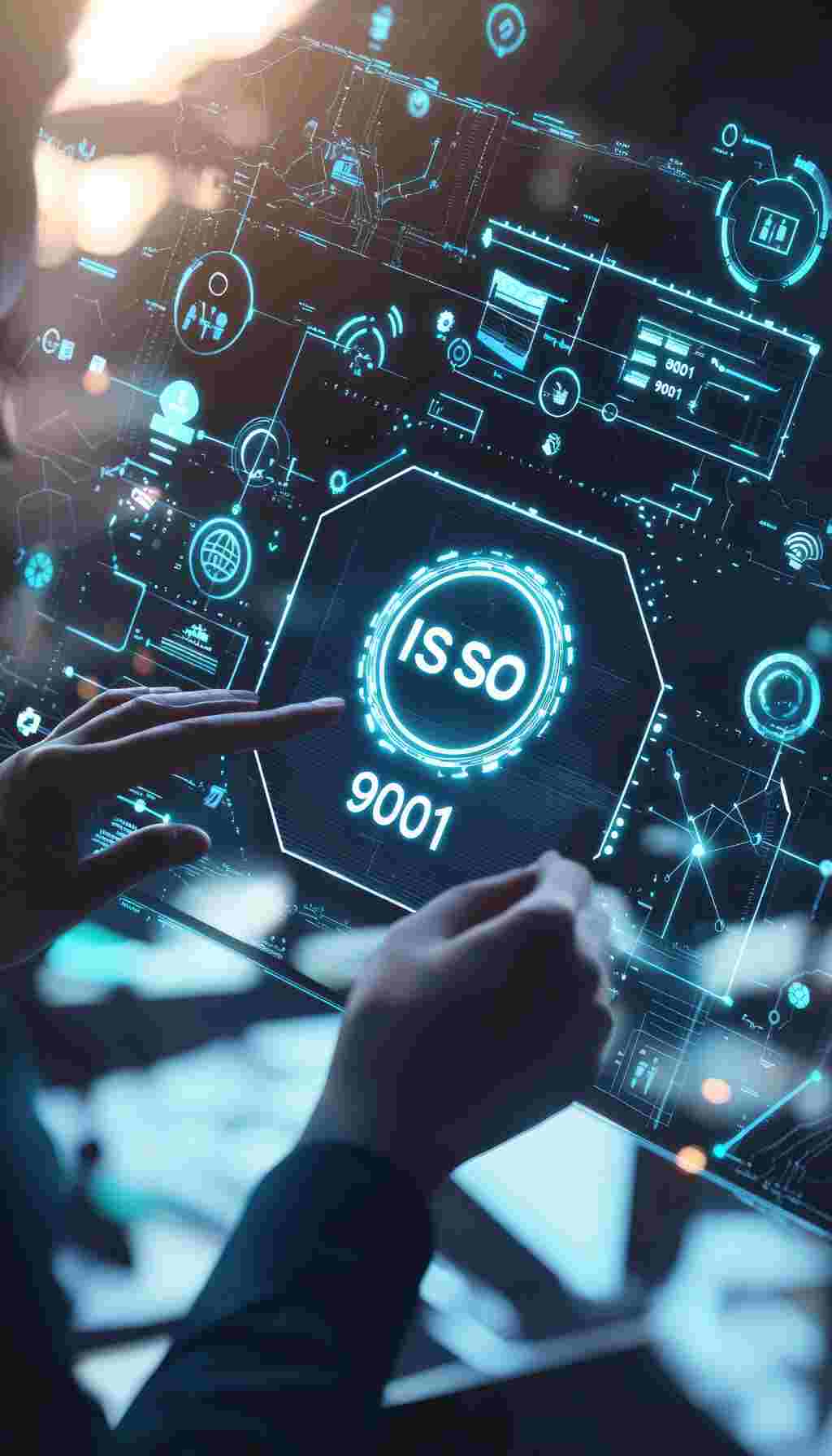 Digital Transformation and ISO 9001: The Future of Quality Management Professional using a futuristic digital interface displaying ISO 9001, representing data-driven and technology-enhanced quality management systems