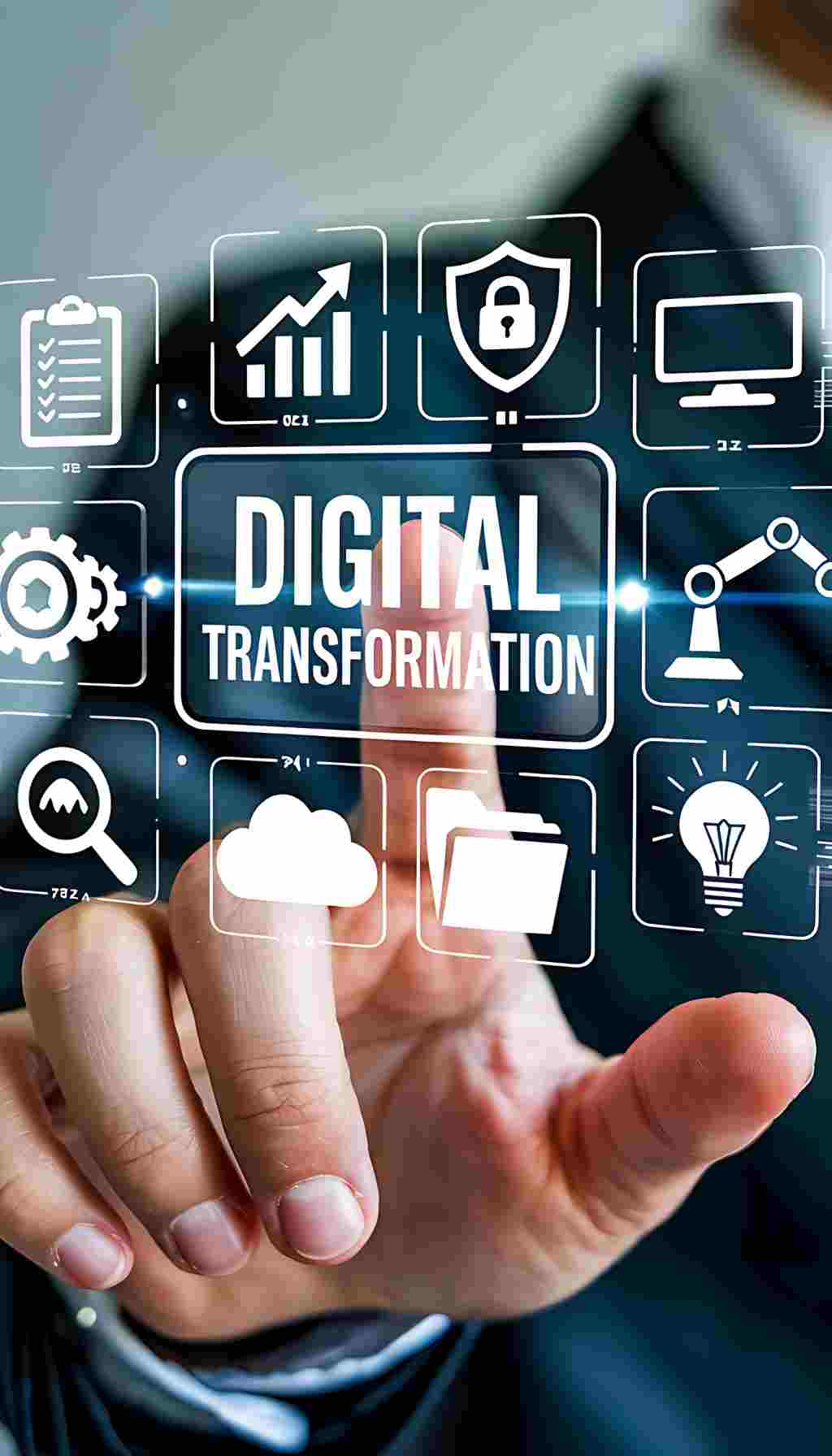 Digital Transformation: Redefining Quality Management in 2025 Hand interacting with a digital interface showing icons for digital transformation, innovation, and automation