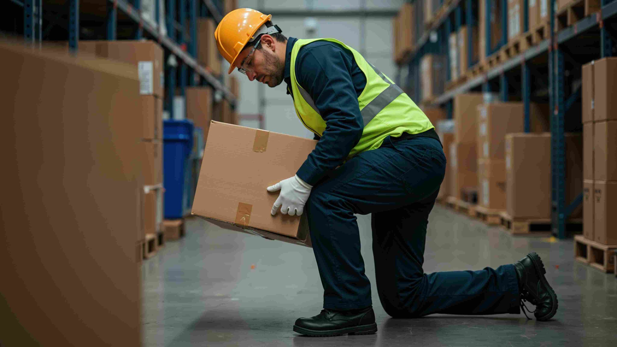 A male warehouse worker wearing a safety helmet and high-visibility vest lifting a box correctly, symbolising safe practices and men’s health awareness in the workplace.