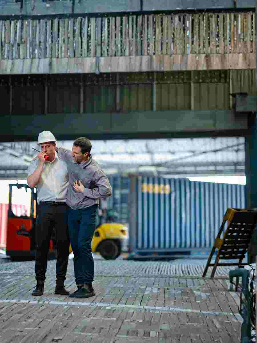A worker assists a colleague experiencing chest pain in an industrial warehouse, highlighting the importance of quick response and men’s health awareness in workplace safety.