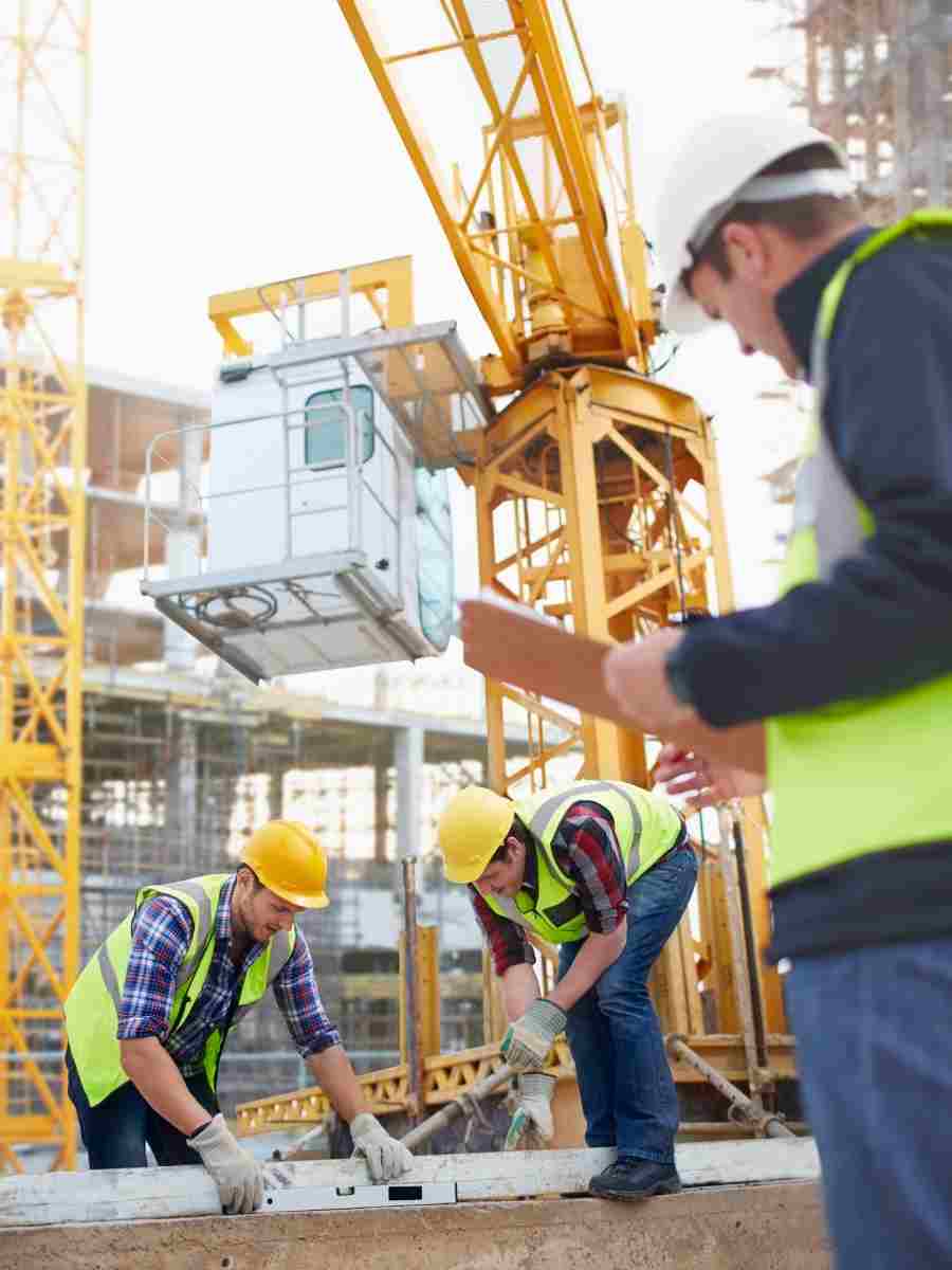 Construction workers wearing safety helmets and vests working together on-site under a crane, representing teamwork, safety awareness, and men’s health in the workplace.