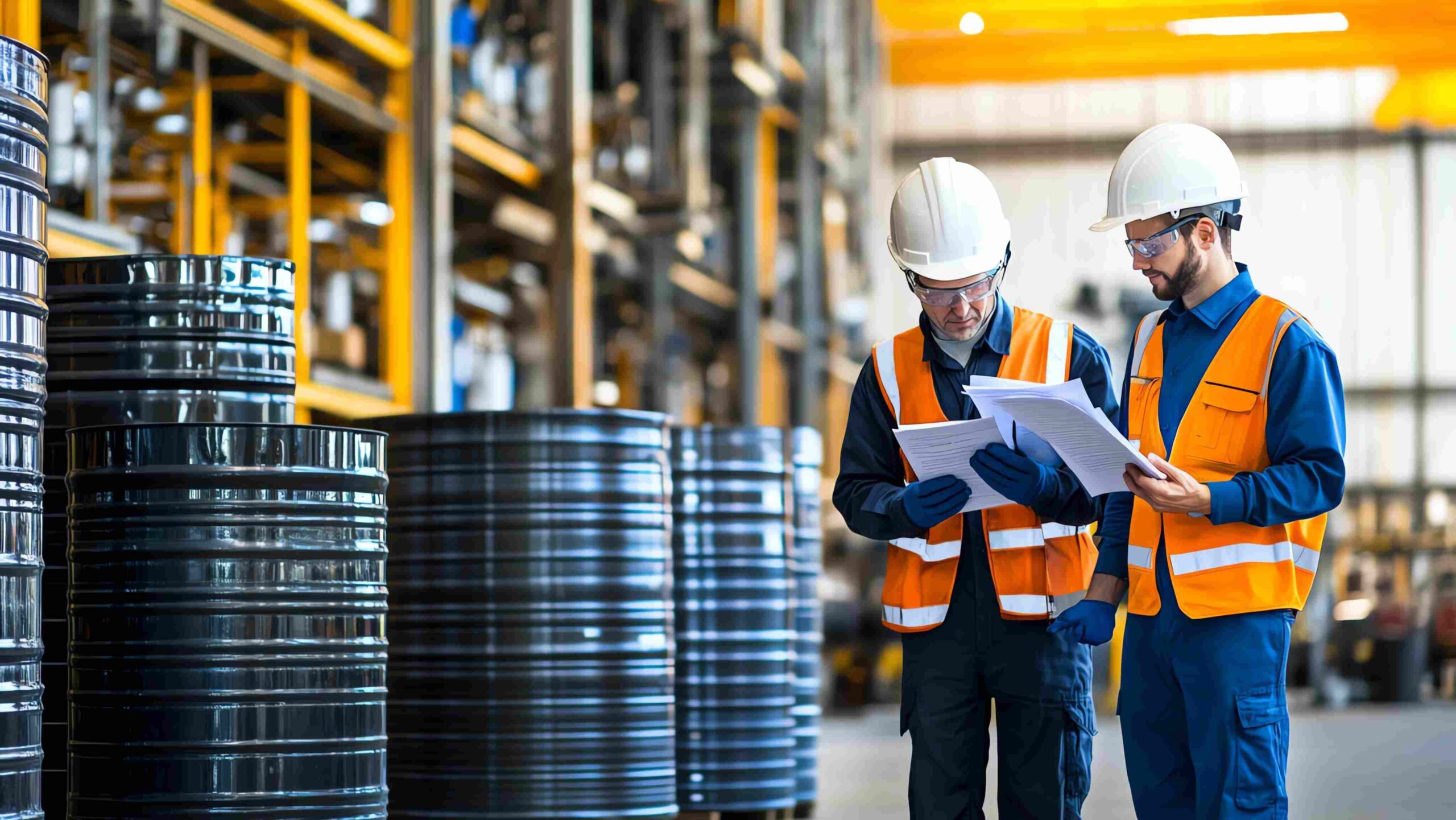 Safety and Quality Control in Modern Irish Manufacturing Two engineers wearing safety gear reviewing digital safety checklists inside an Irish manufacturing warehouse, symbolising technology-driven quality management.