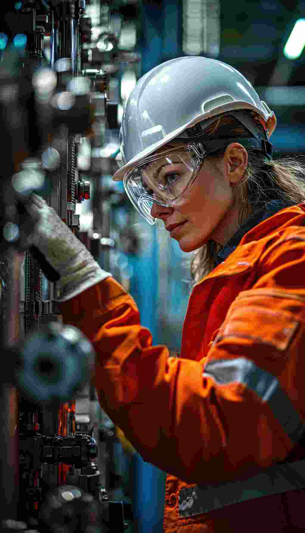 Empowering Irish Industry Through Digital Safety and Quality Systems Female engineer inspecting industrial equipment in safety gear, representing Ireland’s shift toward digital safety, training, and quality management.