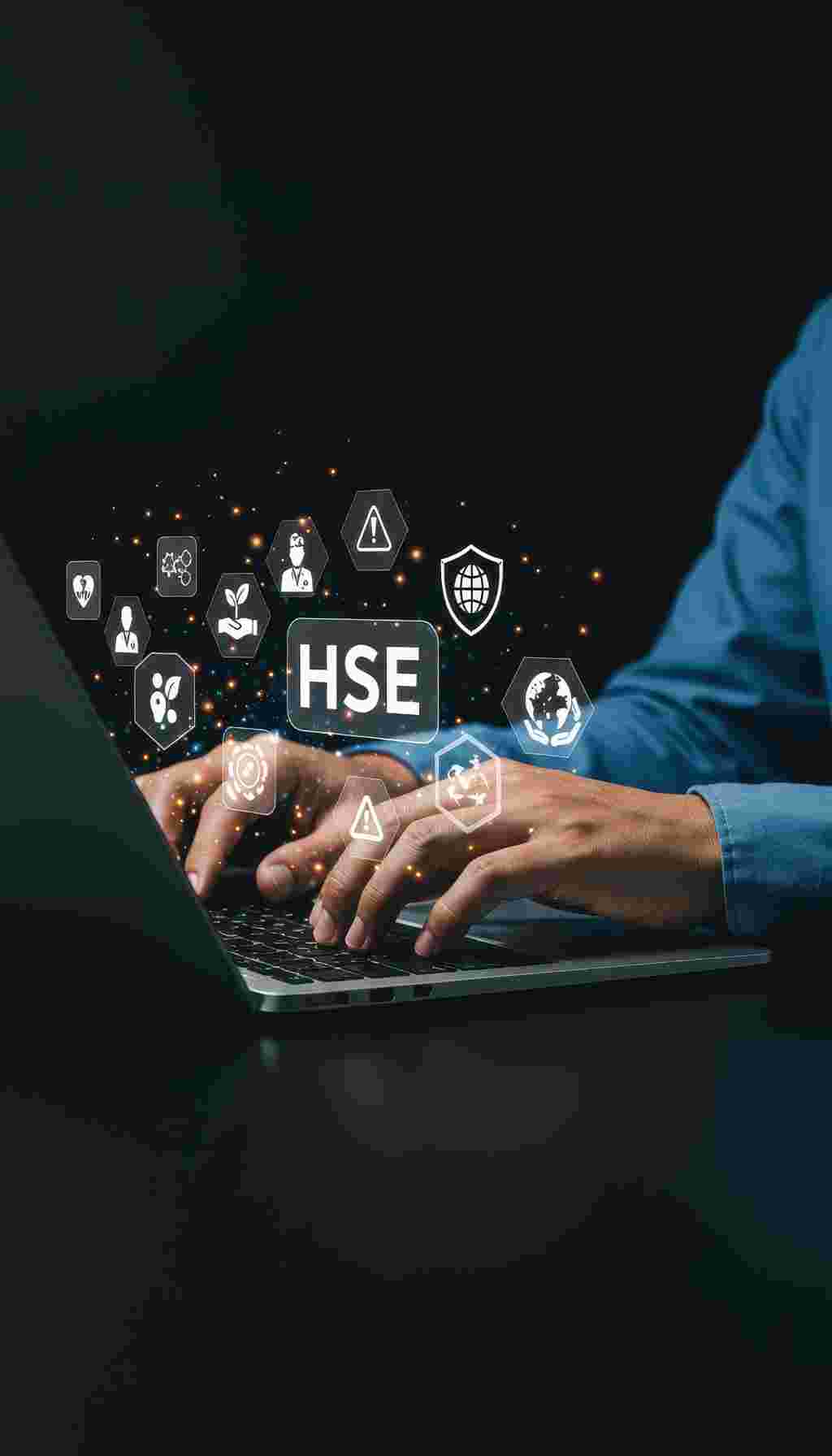 Digital Transformation in Health, Safety, and Environment (HSE) Hands typing on laptop with HSE icons representing digital transformation in workplace safety, training, and compliance.