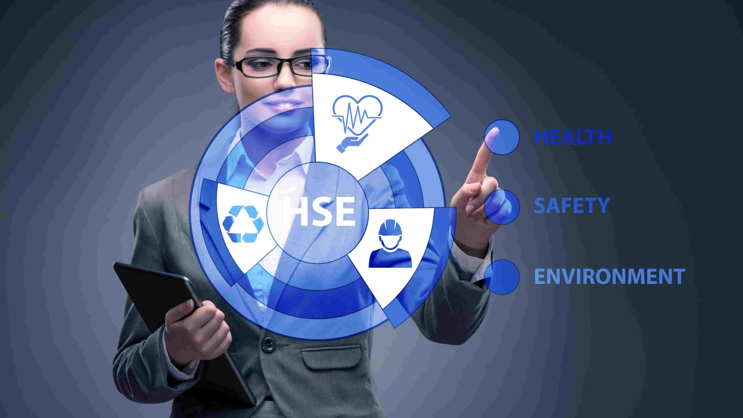 The Future of HSEQ: Integrating Health, Safety, and Environment Business professional interacting with a digital HSE interface highlighting health, safety, and environment integration