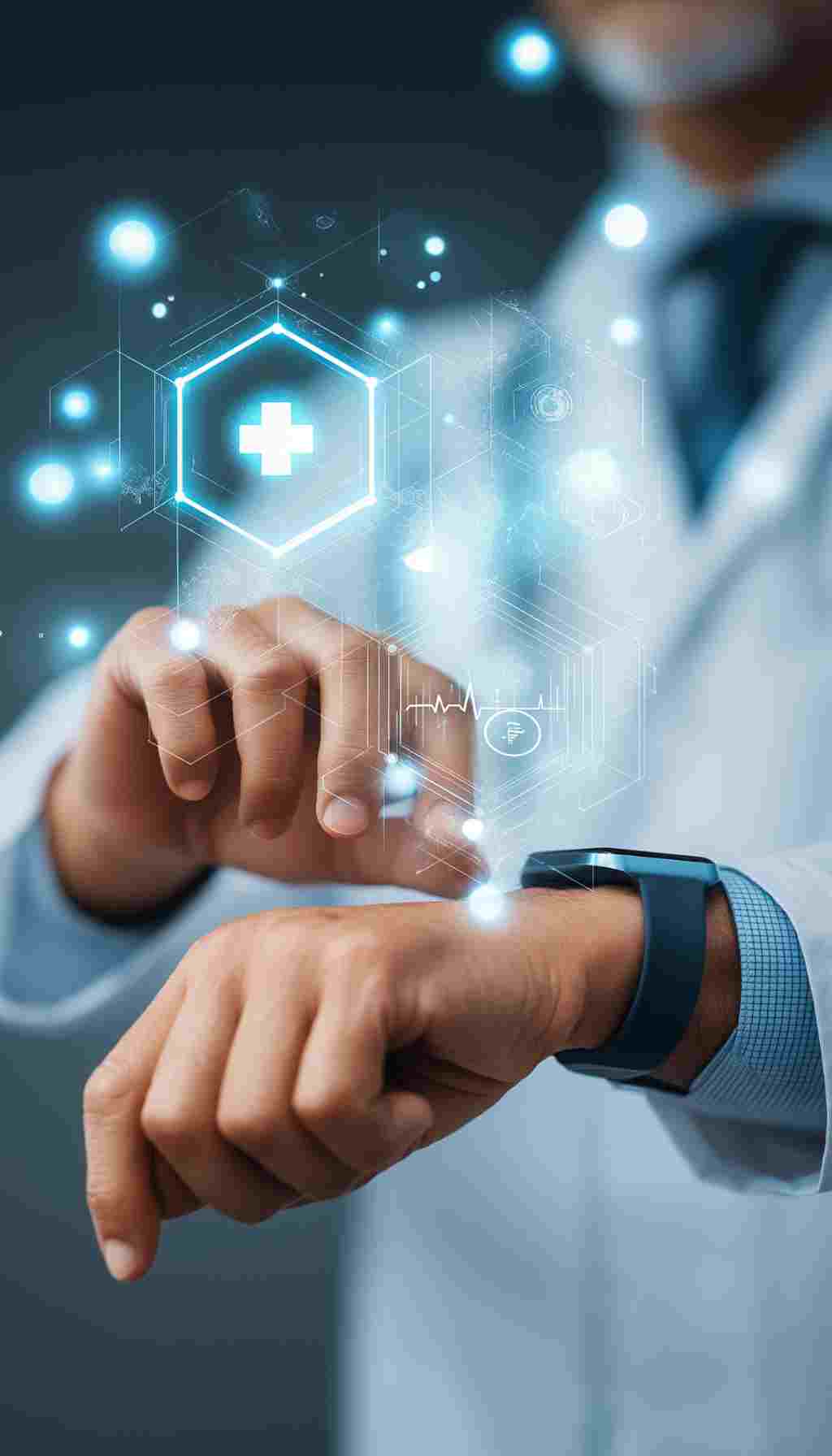 Digital Health Innovation in Modern HSEQ Healthcare professional using wearable technology and digital interface to monitor health and safety data