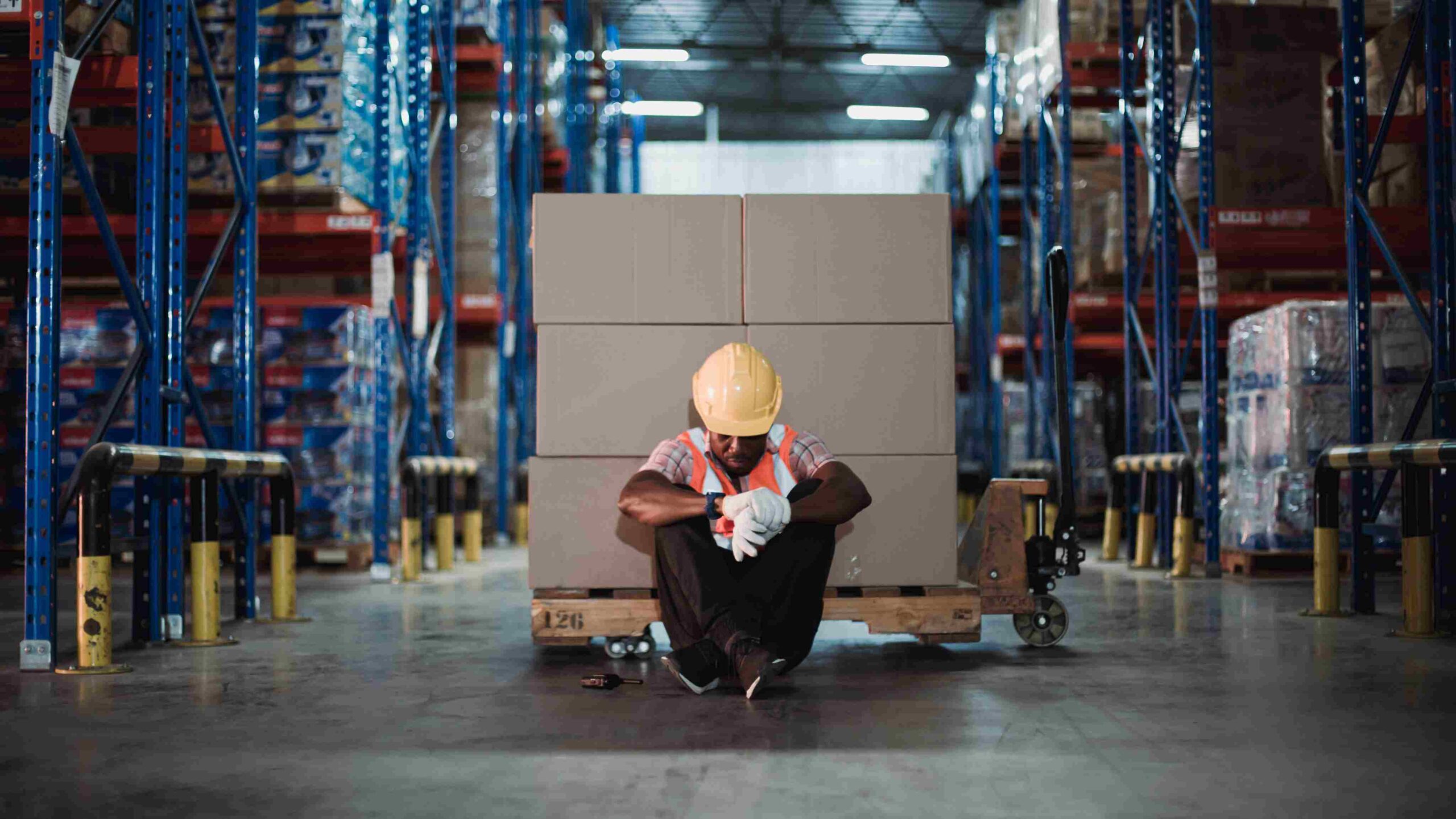 Addressing Psychosocial Risks: Mental Health in the Workplace Worker wearing a safety helmet and reflective vest sitting on the warehouse floor, representing workplace stress and fatigue