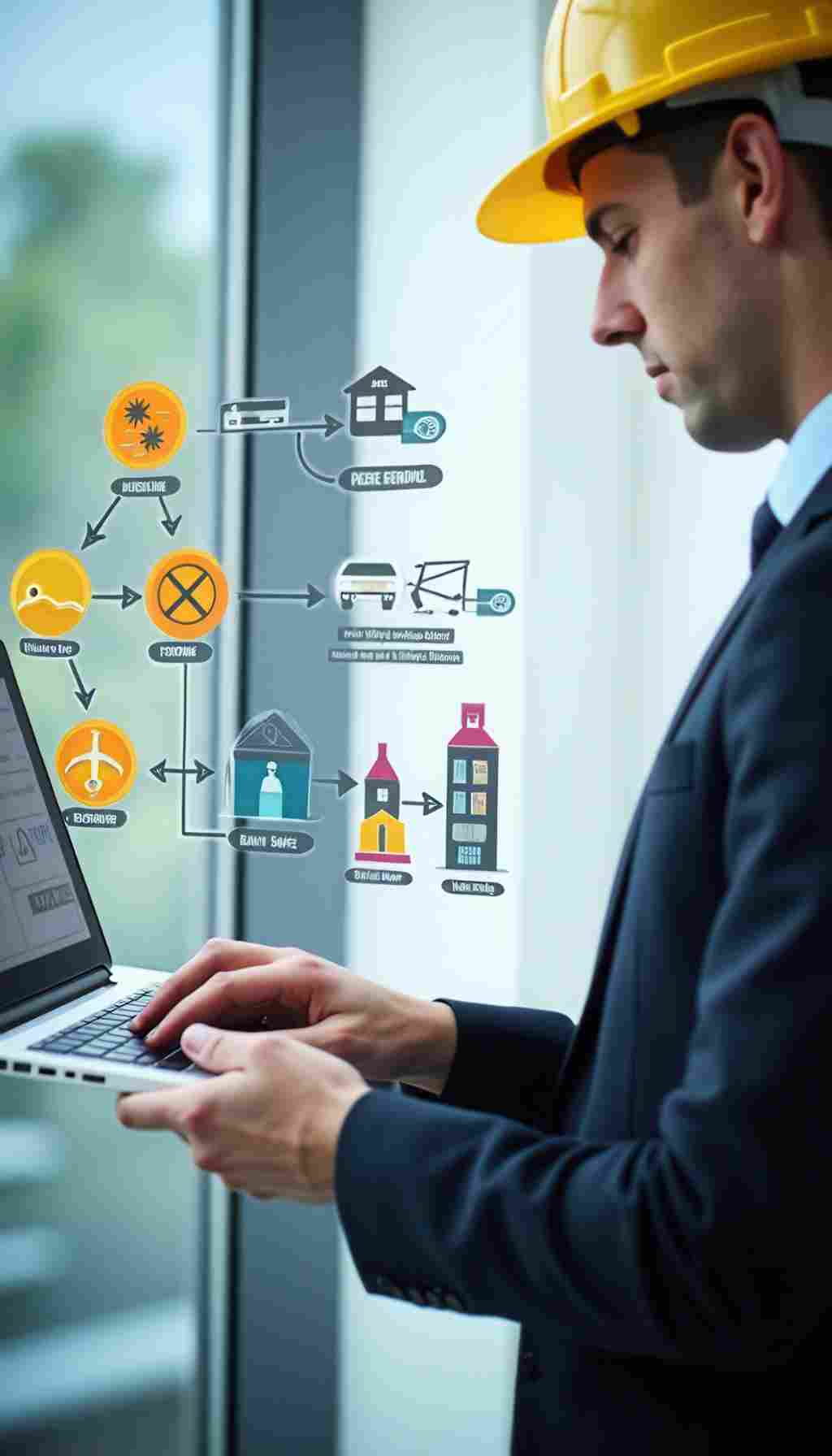 Technology and AI: Transforming the Future of HSEQ Engineer in a hard hat using a laptop with digital workflow graphics, representing AI integration in health, safety, environment, and quality management