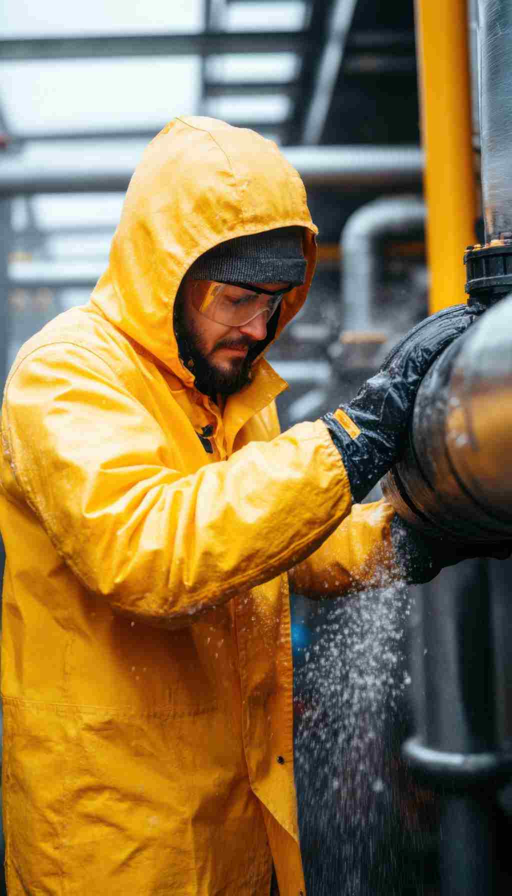 Preparing for Stricter Asbestos Safety Standards in Ireland Worker wearing yellow protective jacket and safety goggles conducting inspection on industrial piping, symbolising asbestos safety compliance under new EU Directive 2023/2668.