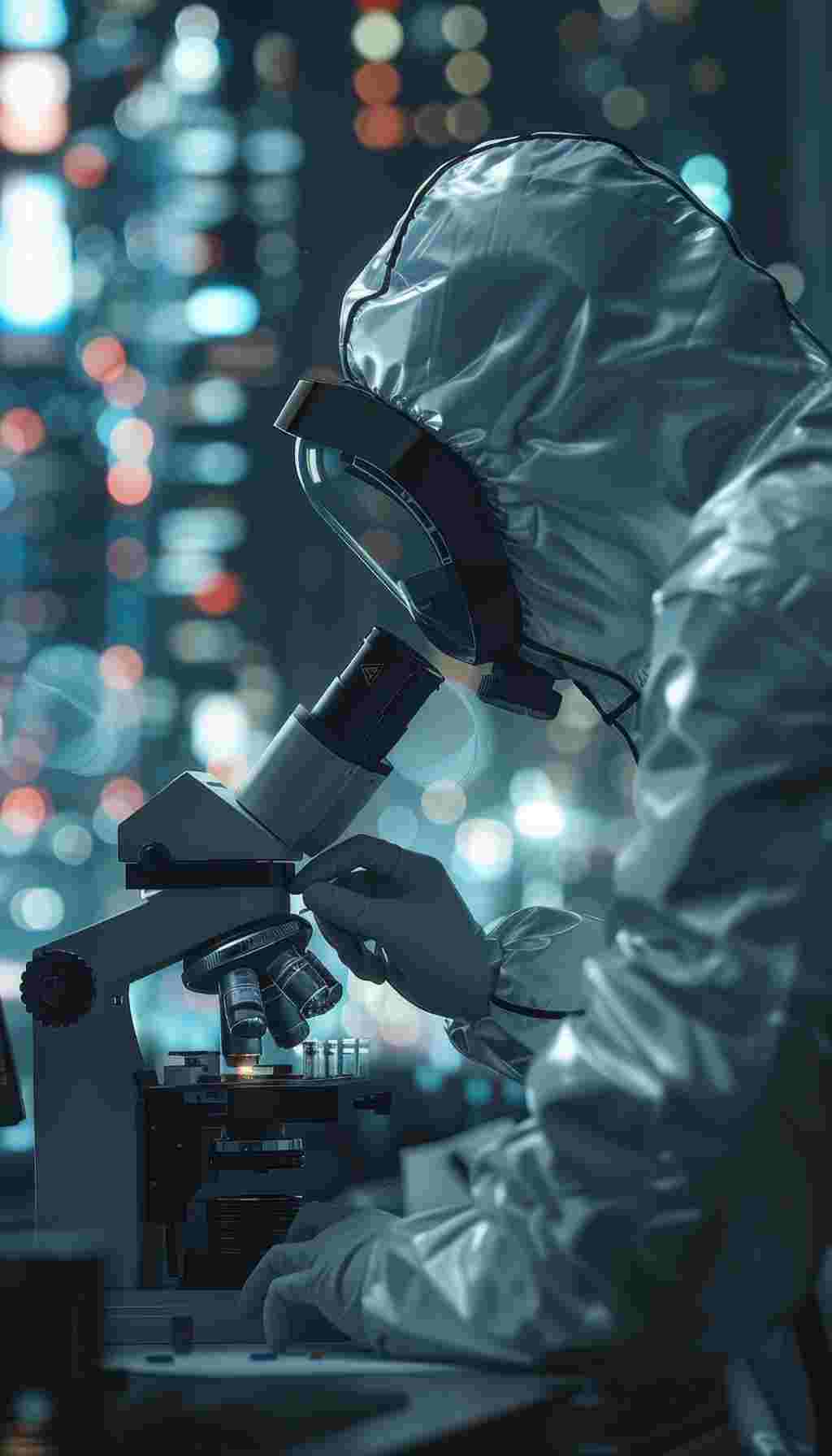 Scientist Using Electron Microscope – The Future of Asbestos Detection Scientist in protective suit examining samples under an electron microscope, representing advanced asbestos detection technology.