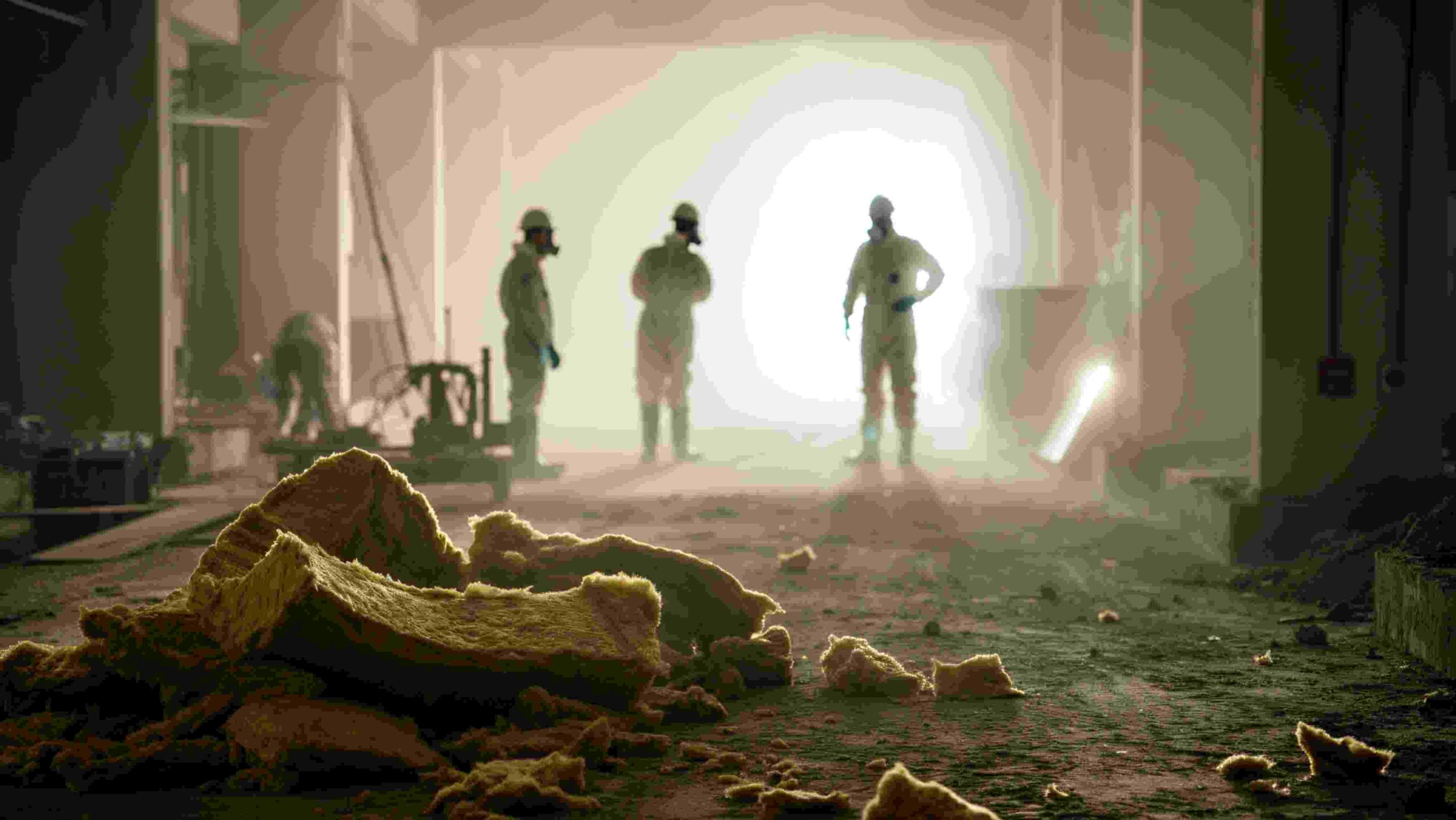 Asbestos Removal in Progress – Workers in Protective Gear During Demolition Workers wearing protective suits and respirators during asbestos removal in a dusty demolition site.