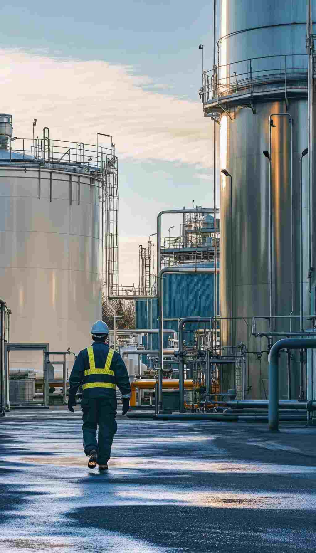 Industrial Worker in Safety Gear – Preparing for Stricter EU Asbestos Compliance Worker wearing protective clothing and high-visibility gear walking through an industrial facility, representing workplace safety compliance.
