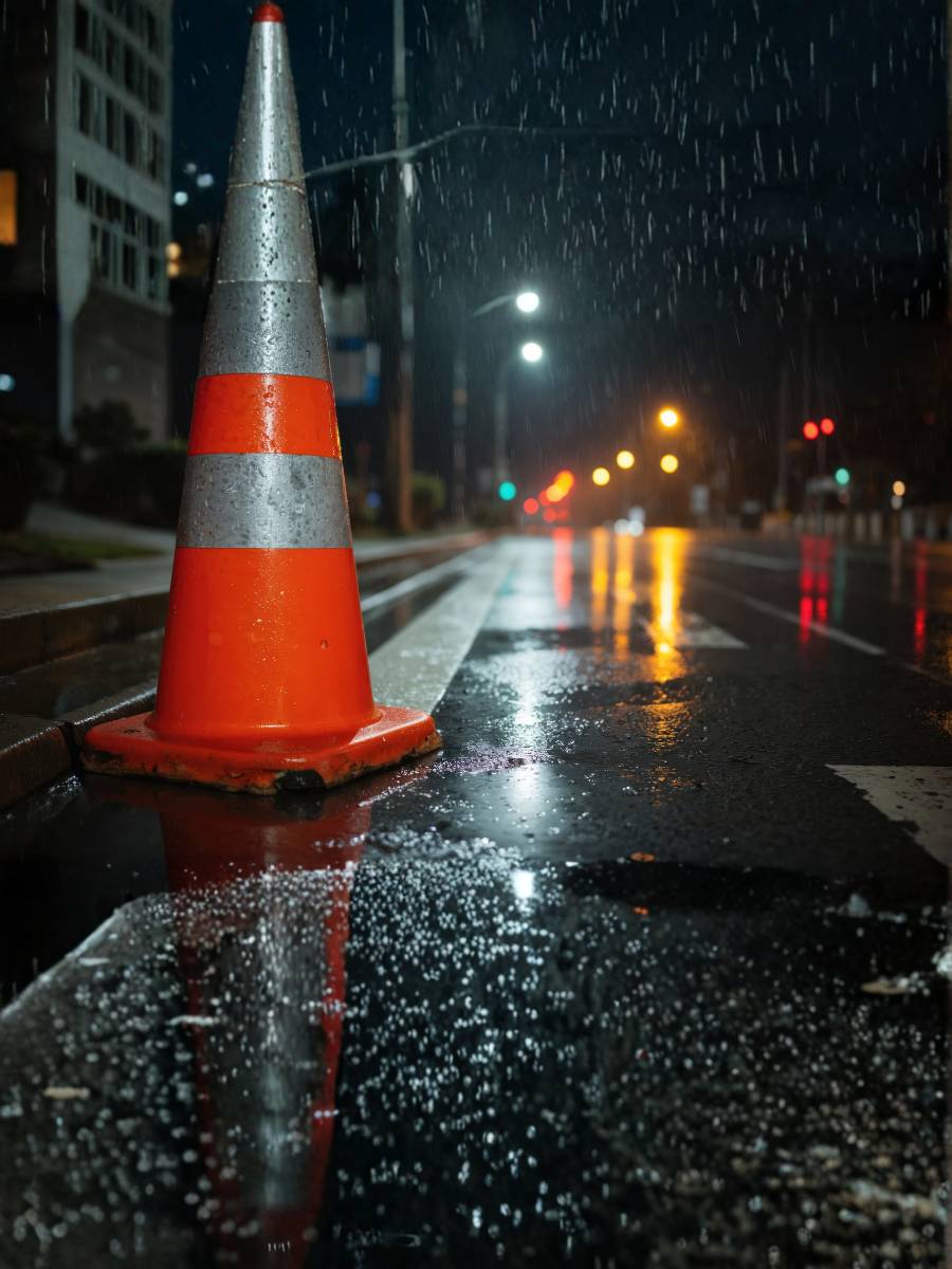 Traffic cone on a wet road at night, symbolising road hazards and the importance of safe driving policies for employees.