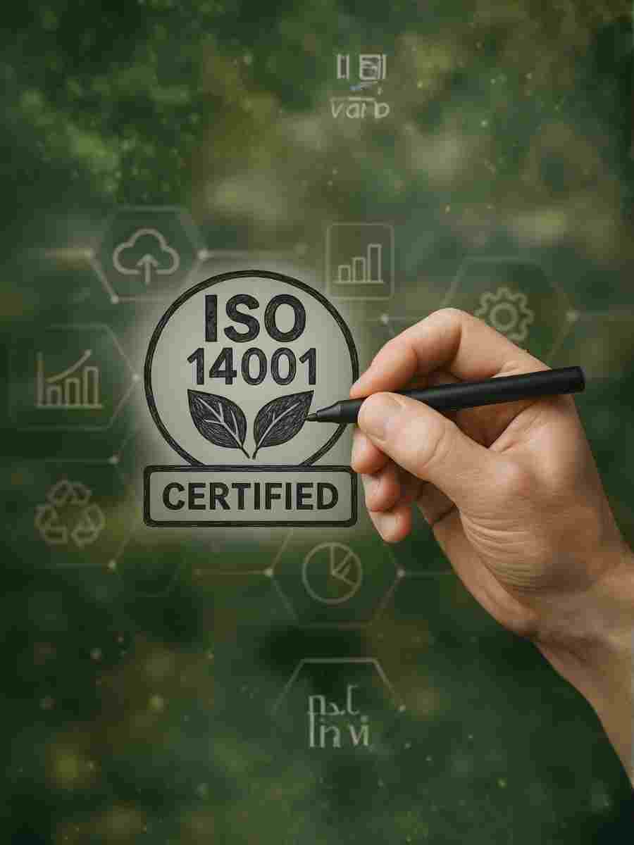 ISO 14001 Certification Strengthening Environmental Management for 2026 Hand drawing ISO 14001 certified symbol representing environmental management and sustainability standards.