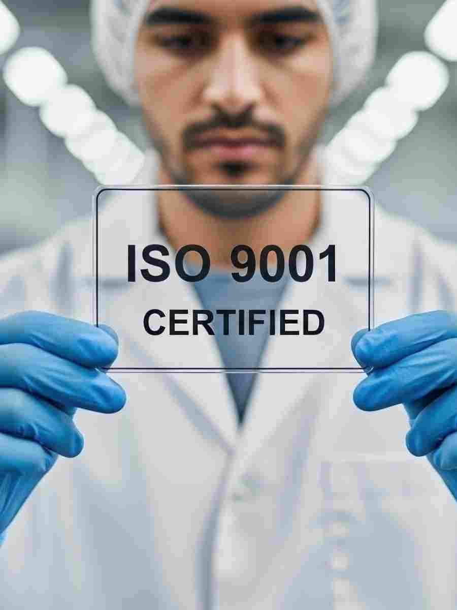 ISO 9001 Certification Enhancing Quality Management for the Future Engineer or technician wearing gloves holding a transparent sign with ISO 9001 certified text, representing quality management standards.