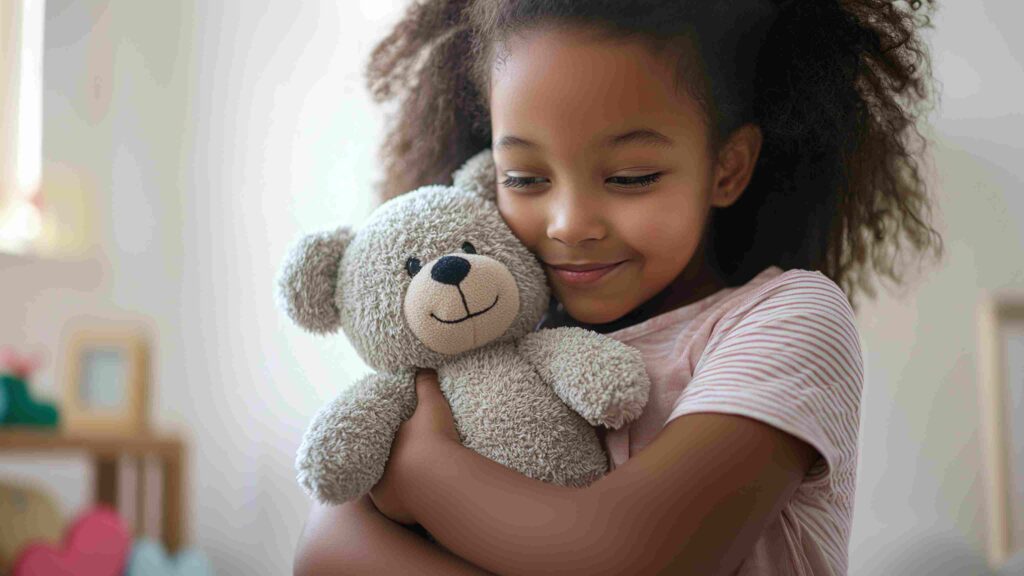 A smiling child hugging a teddy bear, symbolizing toy safety and compliance under the new EU Toy Safety Regulation 2025.