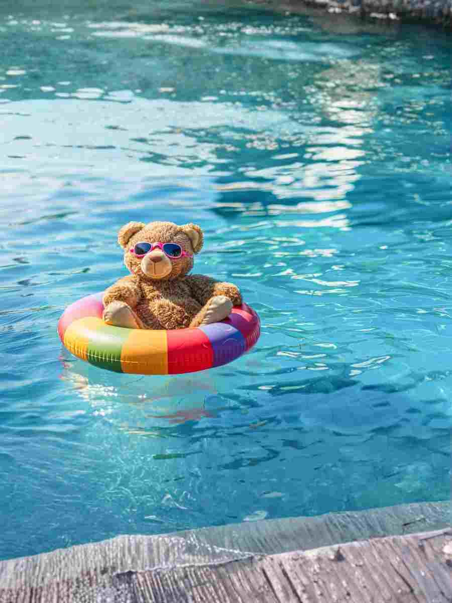 Toy Safety Awareness – Teddy Bear and EU Toy Safety Regulation 2025 A teddy bear wearing sunglasses floating in a pool ring, representing safe and compliant toys under the EU Toy Safety Regulation 2025.