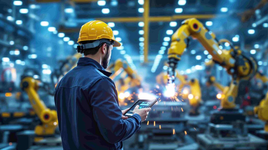 Engineer using a tablet to monitor robotic arms in a smart manufacturing facility, symbolising AI and automation in workplace safety and HSEQ management.