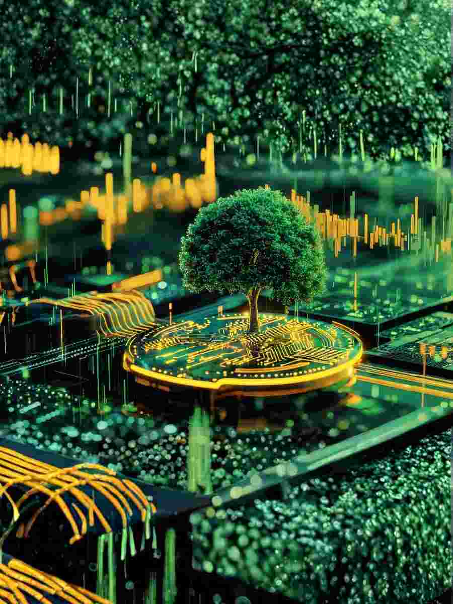 Sustainable AI Powering a Greener Future for HSEQ Digital circuit board with a growing green tree symbolising sustainable AI and environmental innovation in workplace safety and HSEQ management.