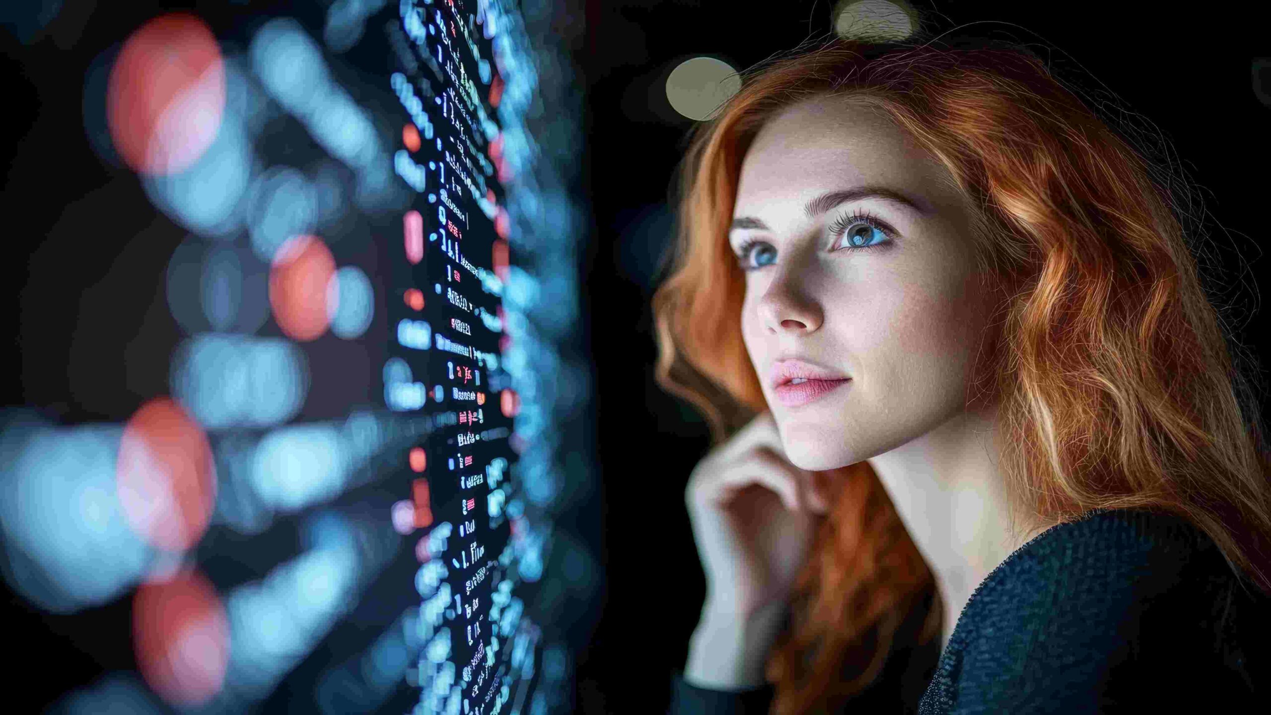 Empowering HSEQ with AI The Human Side of Digital Transformation Young professional analysing data on a digital screen, representing human intelligence working alongside AI in workplace safety and HSEQ innovation.