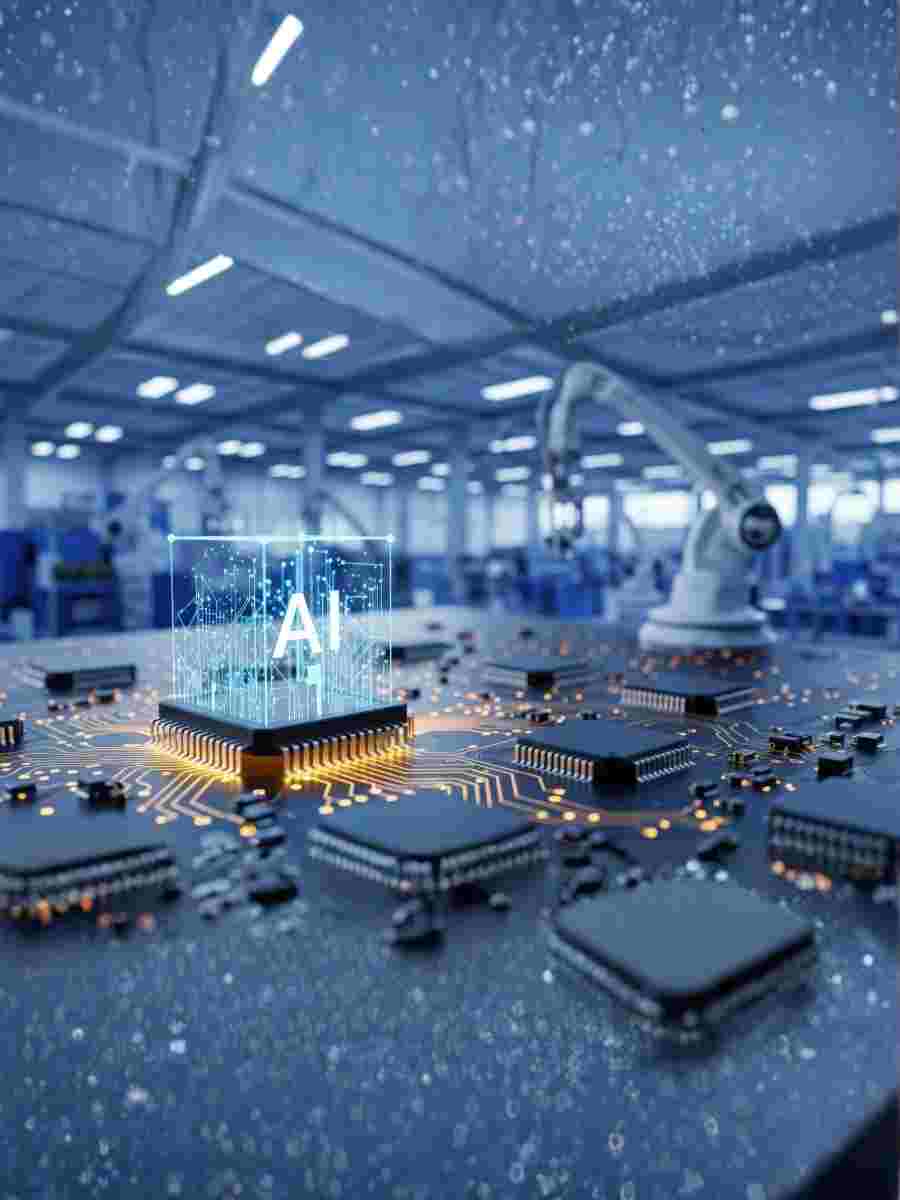 The AI Revolution in HSEQ: How the EU’s “AI Factories” Are Transforming Workplace Safety and Sustainability A robotic arm and microchip glowing with the letters “AI,” symbolizing artificial intelligence integration in industrial and safety management systems.