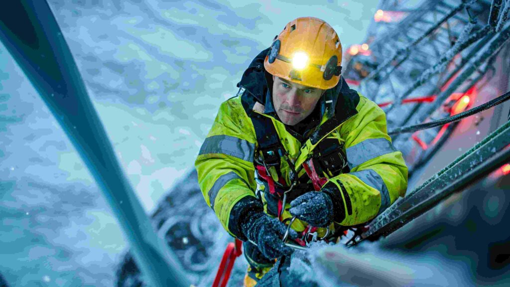 Worker climbing in icy conditions wearing winter safety gear and helmet with headlamp