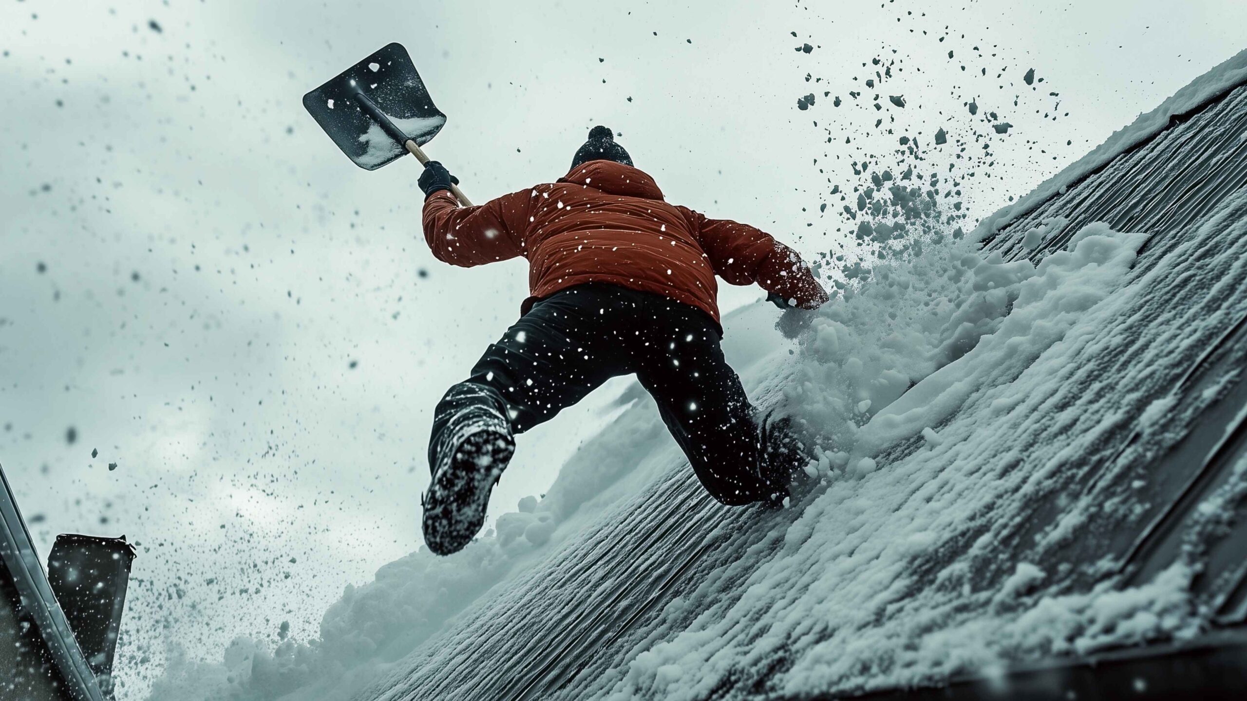 Winter Roof Safety: Worker Clearing Snow in Cold Weather Conditions Worker in red jacket shovelling snow off a roof during winter to prevent accidents and damage