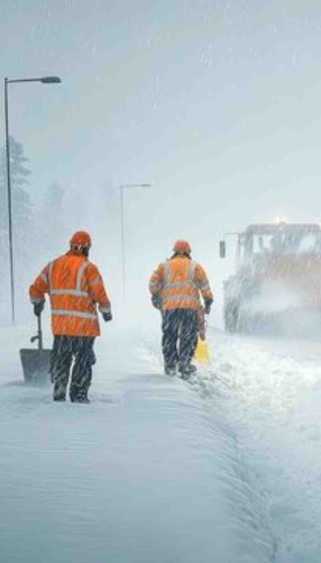 Road Workers Clearing Snow During a Winter Storm — Safety on the Job Two road workers wearing high-visibility jackets clearing snow during a heavy winter storm with a snowplow in the background