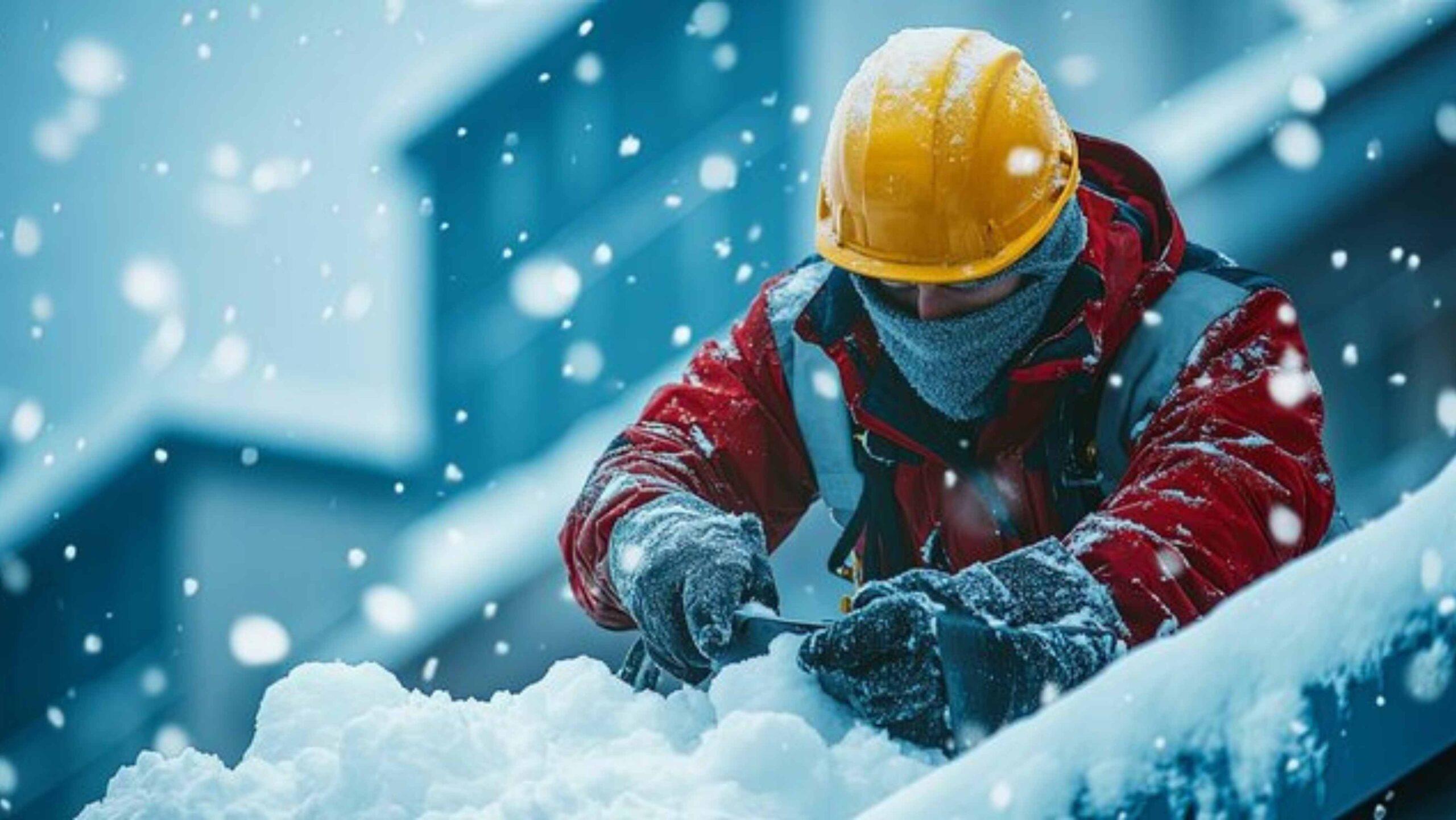 Construction Worker Clearing Snow in Winter — Workplace Safety in Cold Conditions Construction worker wearing safety gear and helmet clearing heavy snow during winter to prevent workplace hazards