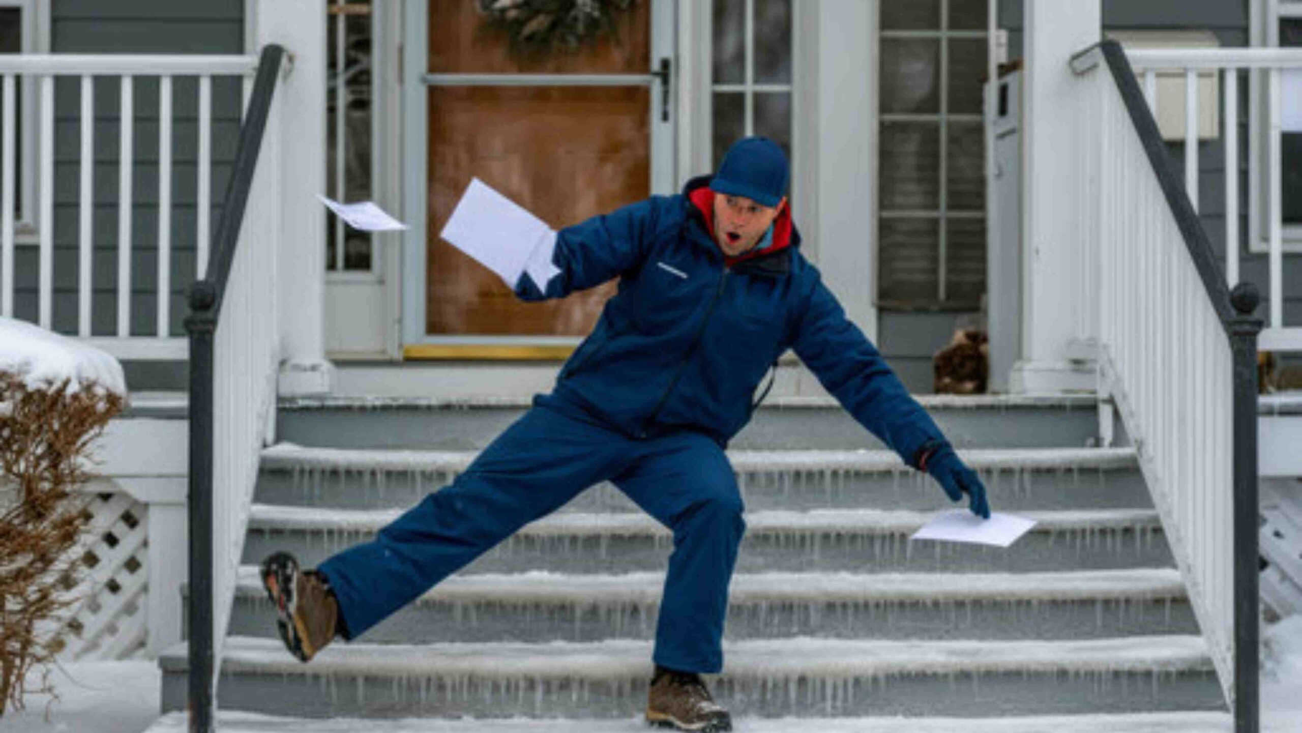 Slips and Falls: The Hidden Winter Workplace Hazard Worker slipping on icy steps outside a building during winter, holding papers in hand
