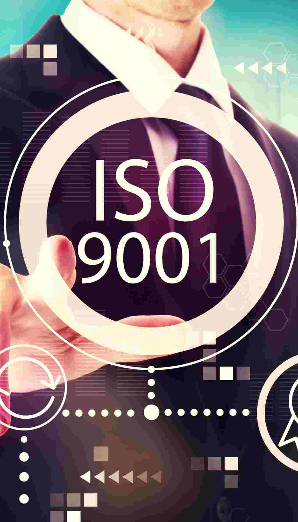ISO 9001 Quality Management System Digital Interface Business professional interacting with a digital ISO 9001 interface, symbolising quality management and certification processes.