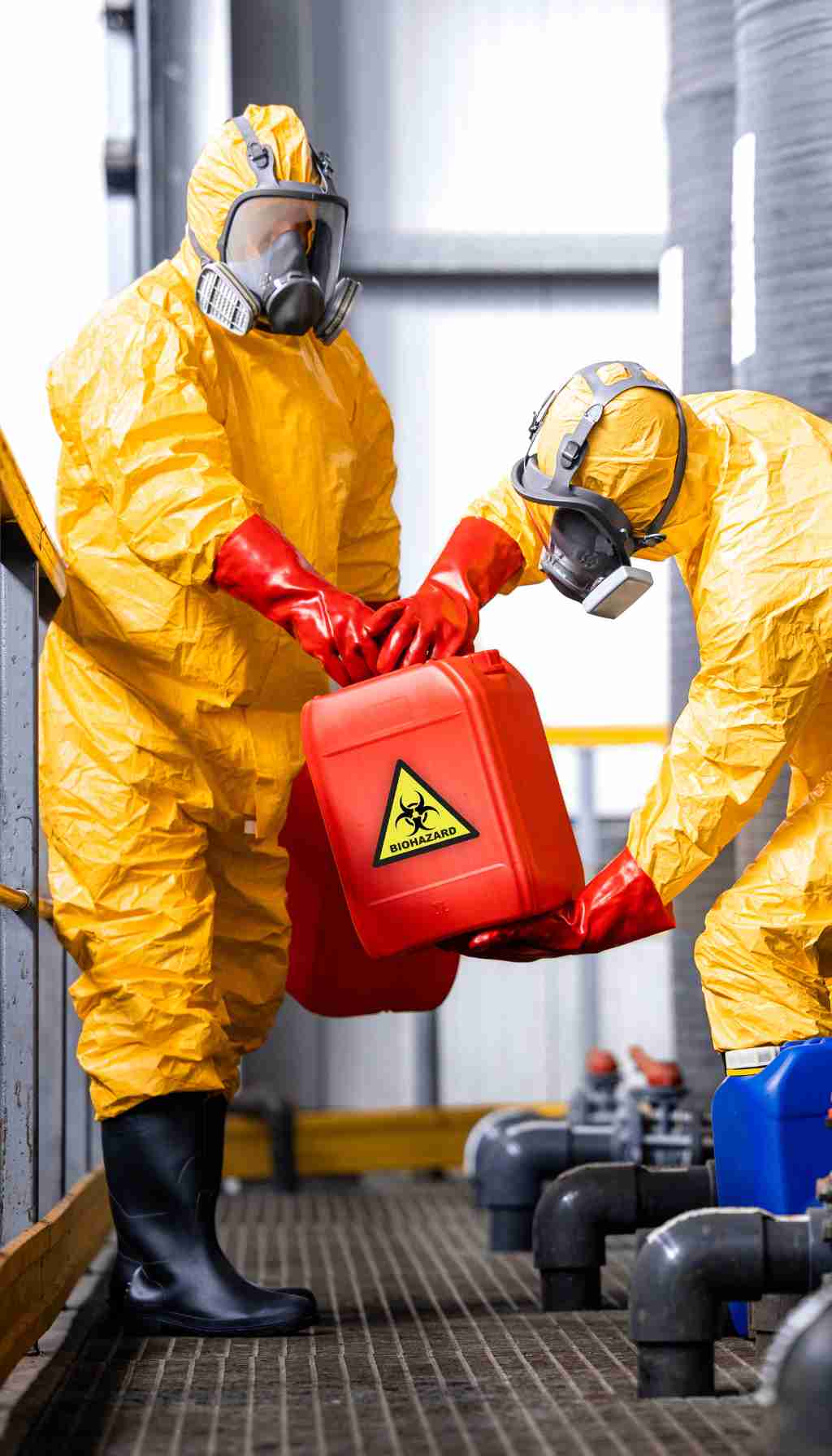 Safe Handling of Biohazardous Chemicals in Industrial Settings Two workers in yellow hazmat suits and respirators lifting a red biohazard container in an industrial facility.
