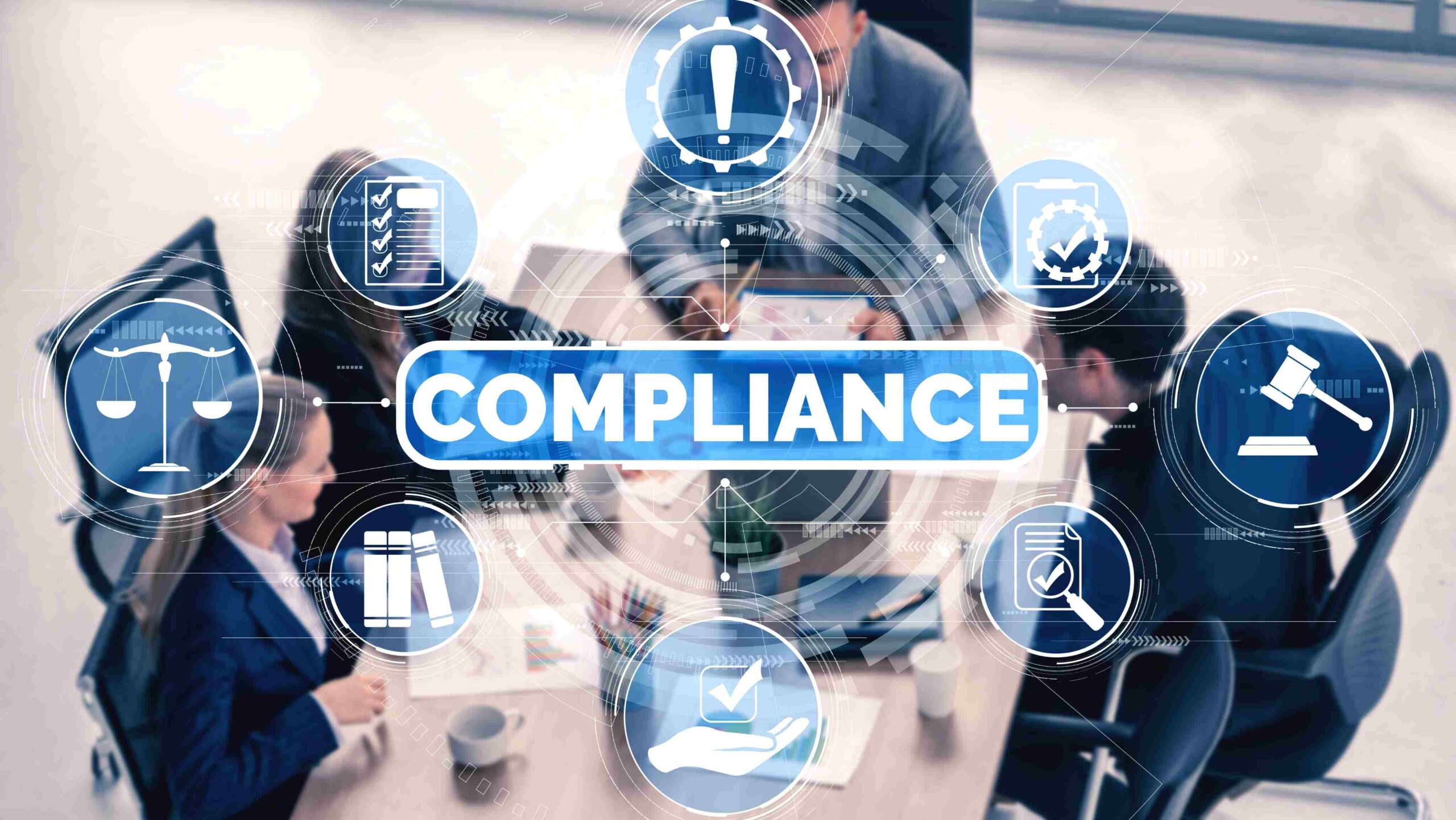Corporate Compliance and Governance – Ensuring Regulatory Alignment Business team meeting with digital compliance icons overlayed, representing regulatory and governance requirements