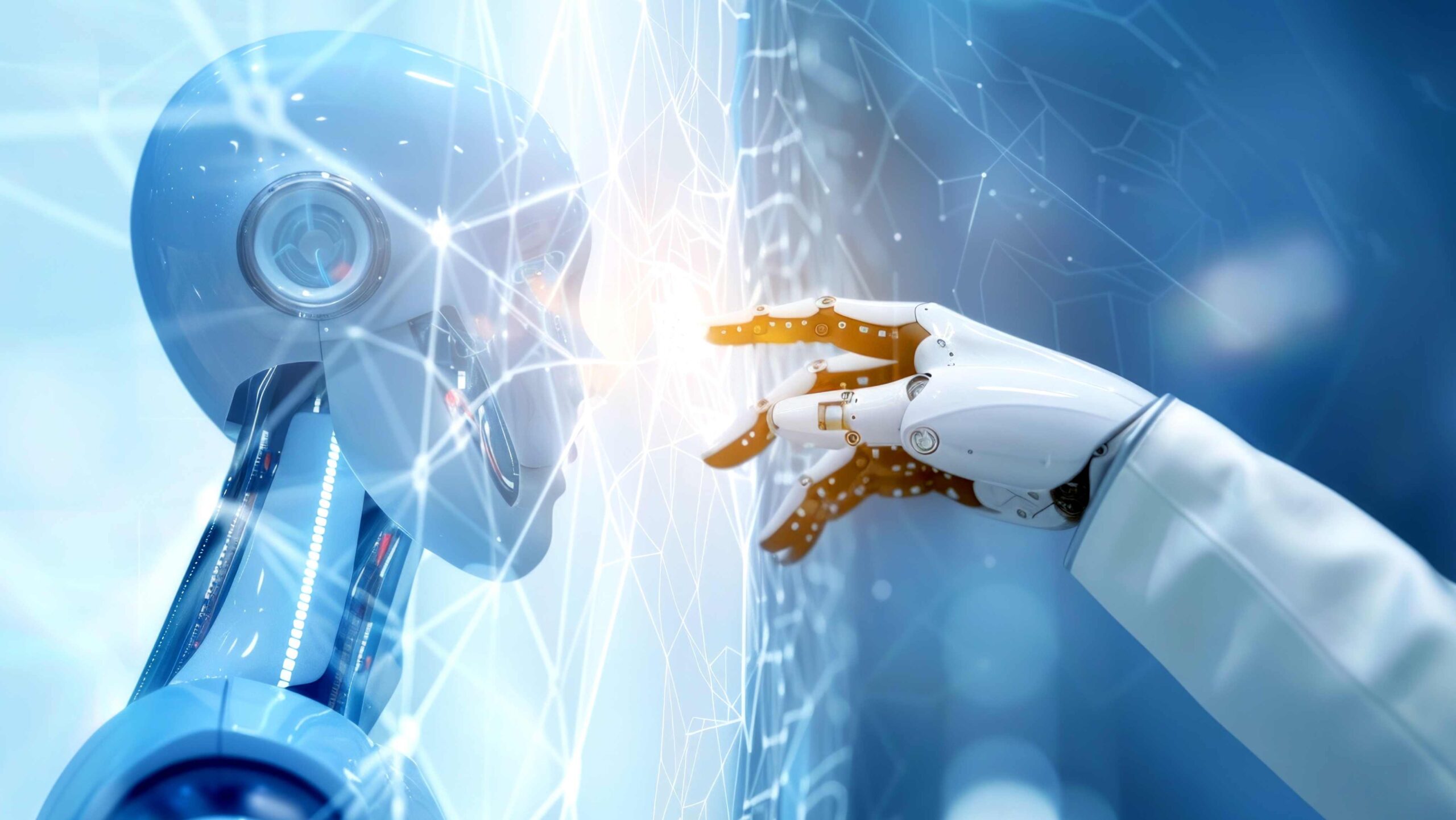 Advanced AI Integration and Robotics in Workplace Safety Close-up of two advanced robots interacting through a digital interface, symbolising AI connectivity and robotics innovation.