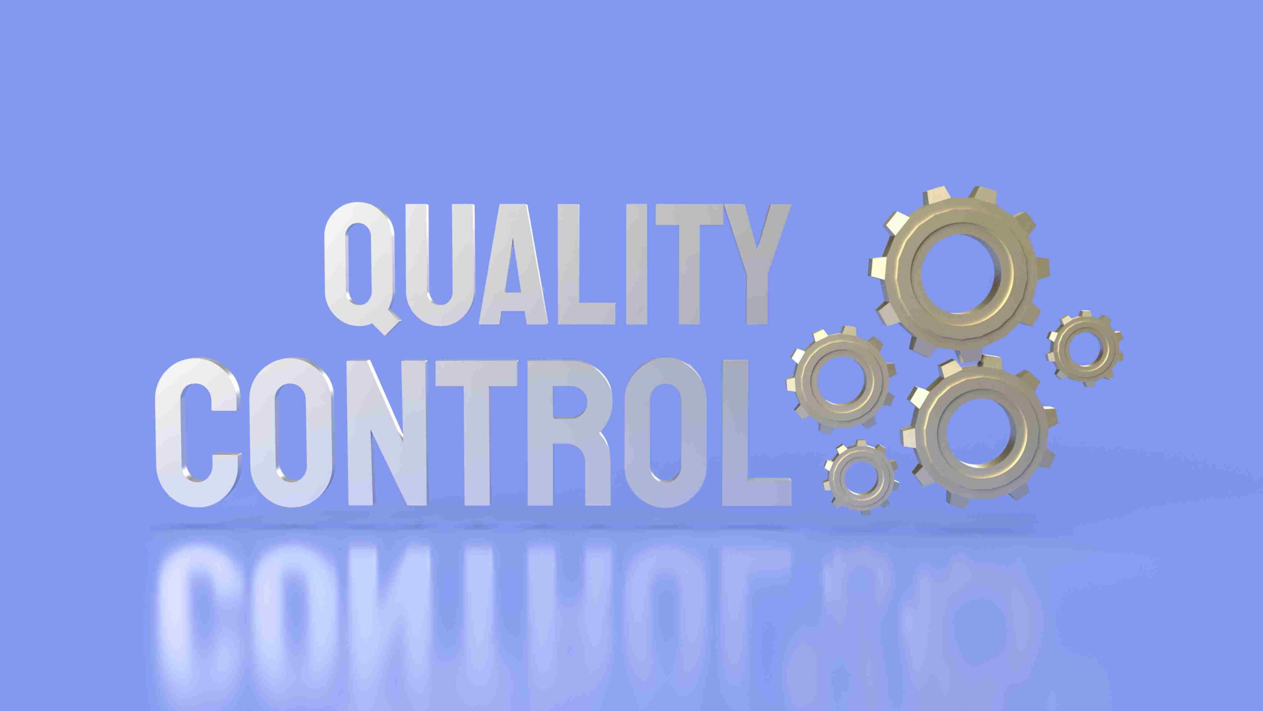 Quality Control Concept with Gear Mechanisms 3D text reading “Quality Control” with metallic gears symbolising quality processes and system optimisation.